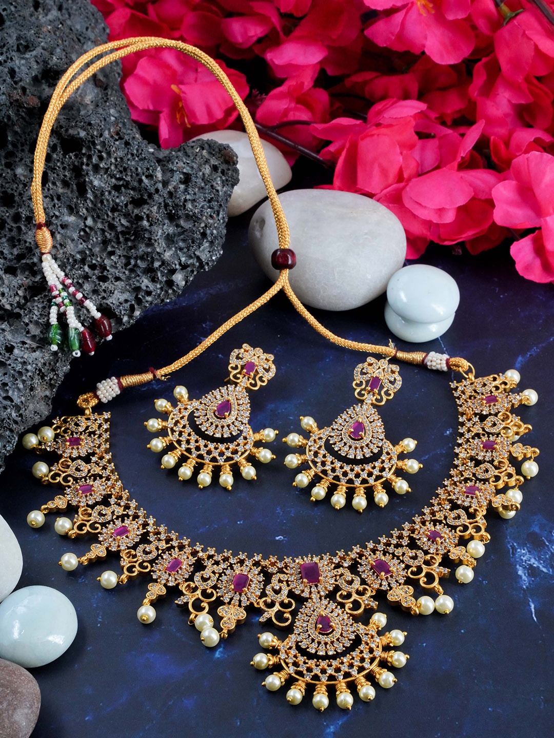 

GRIIHAM Gold-Plated White & Pink Floral Design Detailed Jewellery Set