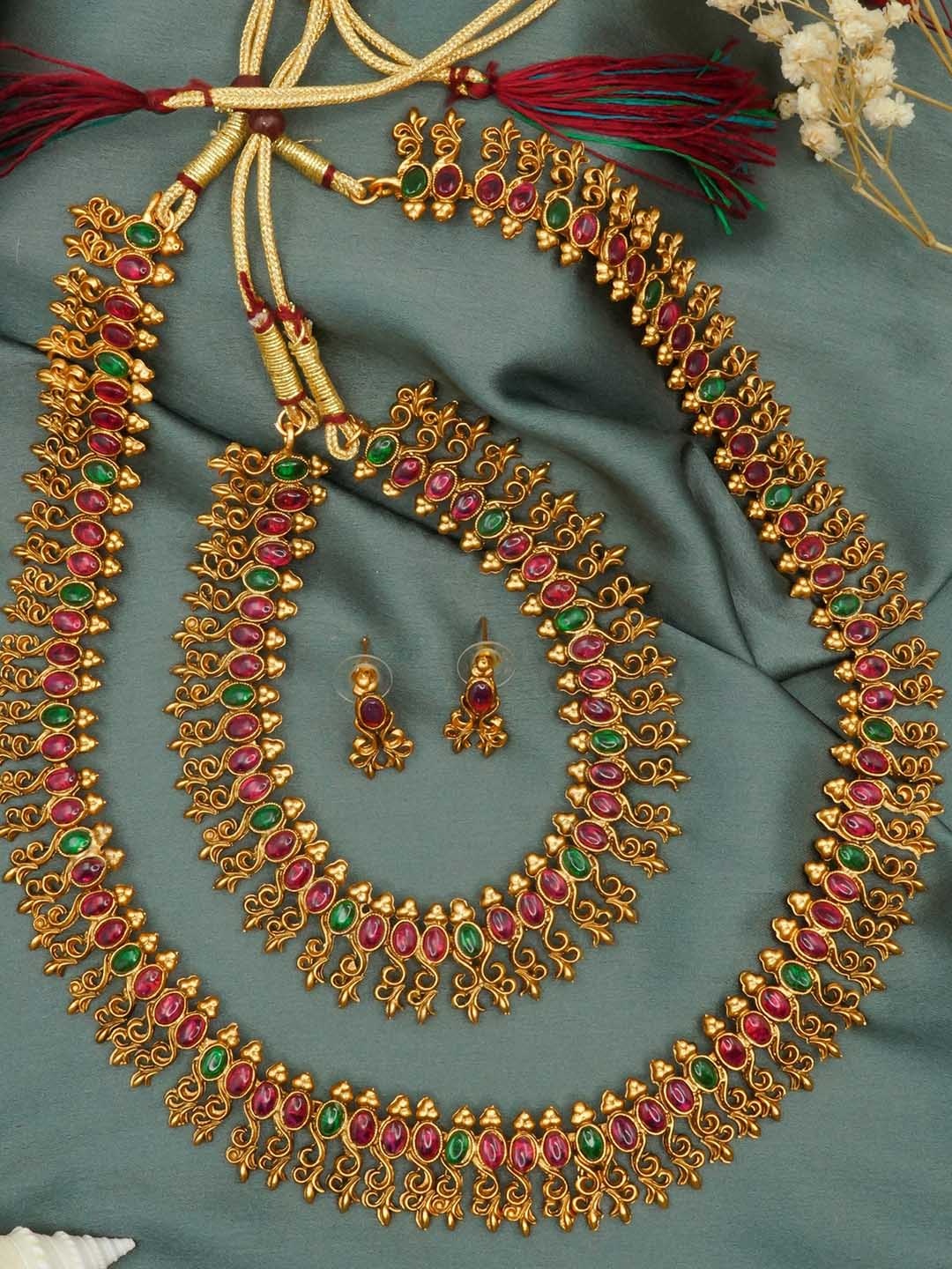 

GRIIHAM Gold-Plated Red & Green CZ Studded Jewellery Set
