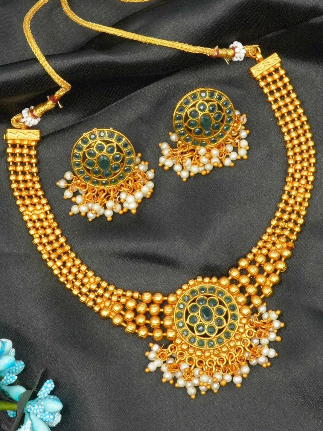 

GRIIHAM Gold-Plated Green AD-Studded Jewellery Set