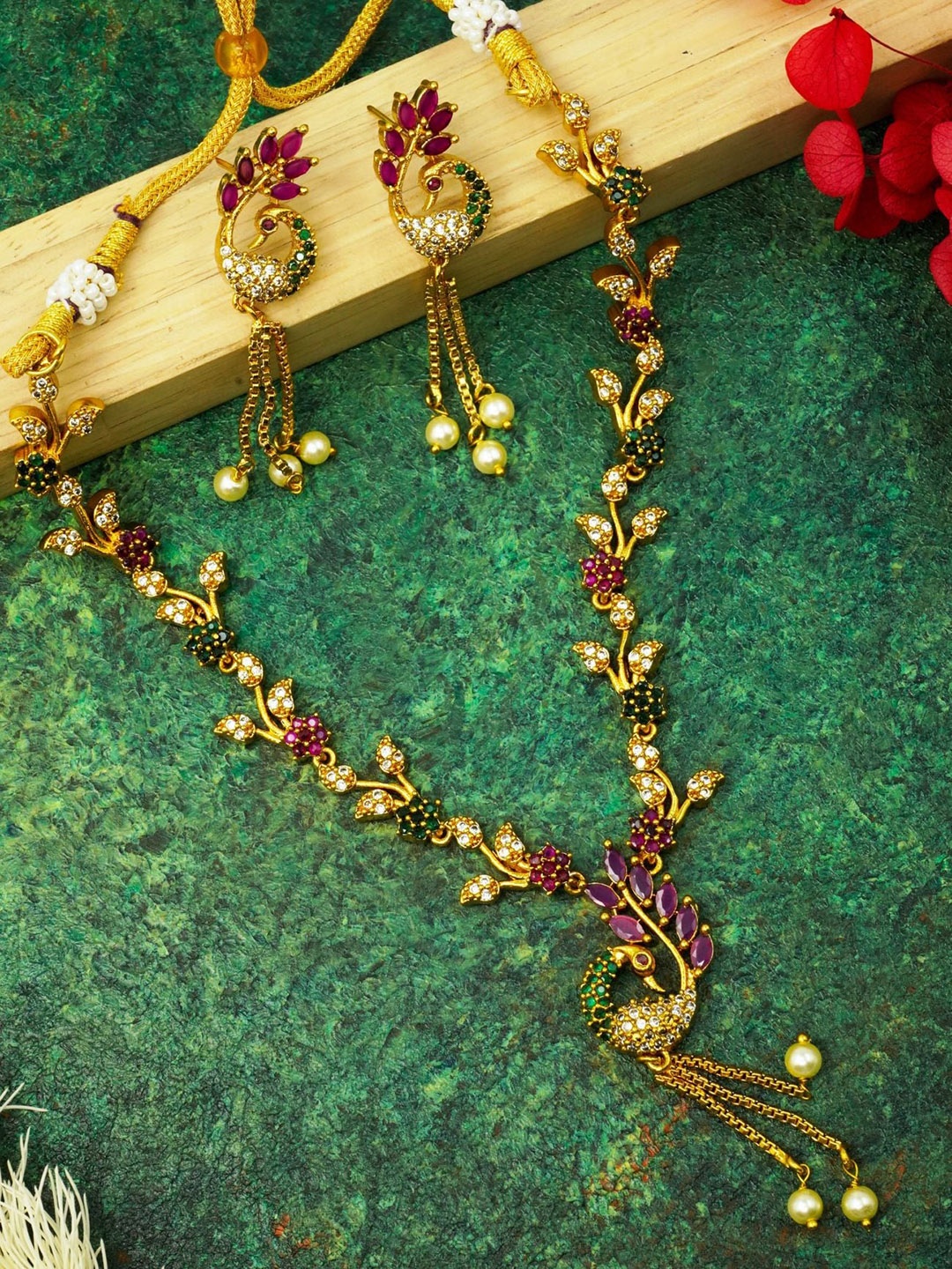 

GRIIHAM Gold-Plated Green & Pink CZ-Studded Jewellery Set