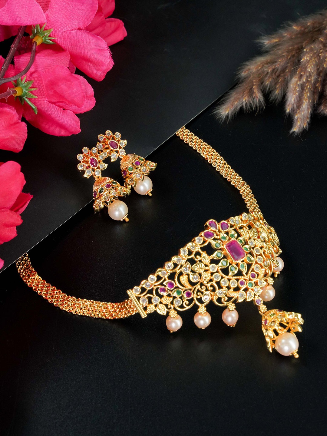 

GRIIHAM Gold-Plated Green CZ-Studded Jewellery Set