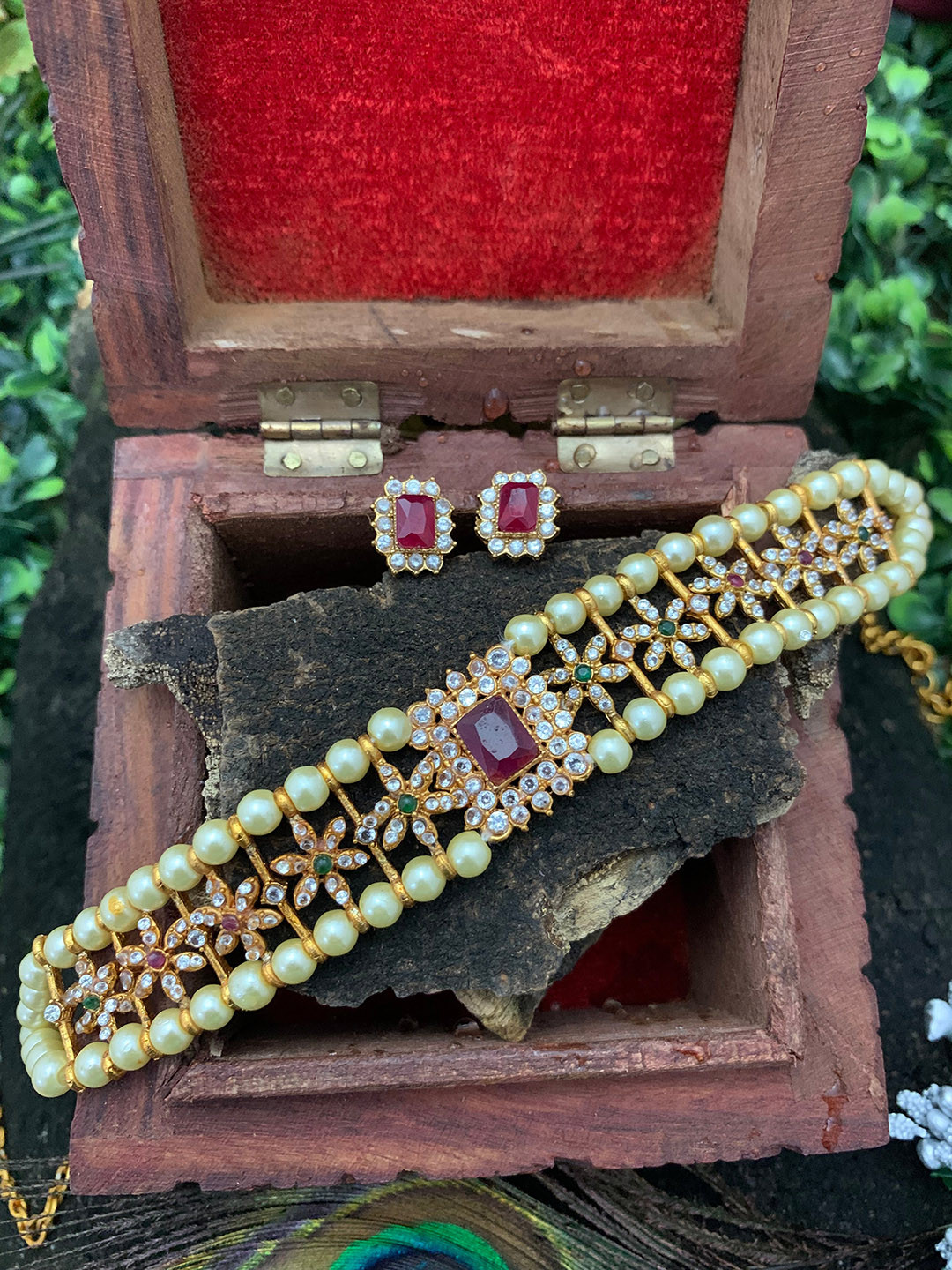 

GRIIHAM Gold-Plated & Red CZ Stone Studded Jewellery Set