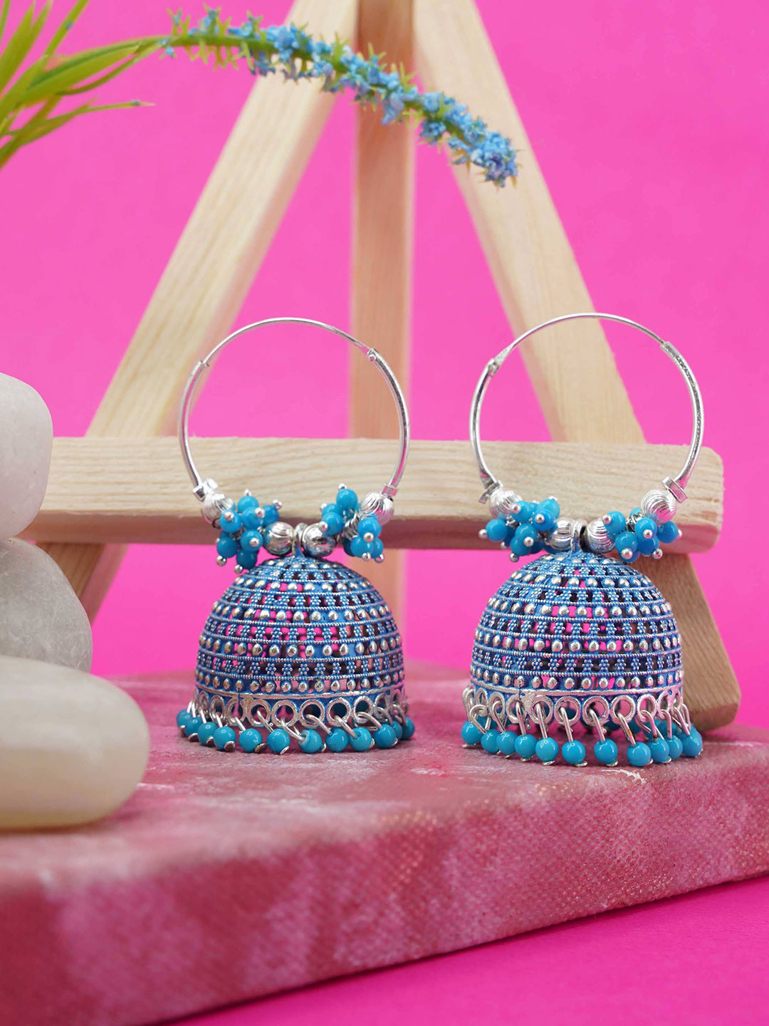 

GRIIHAM Blue Silver-Plated Contemporary Jhumkas Earrings