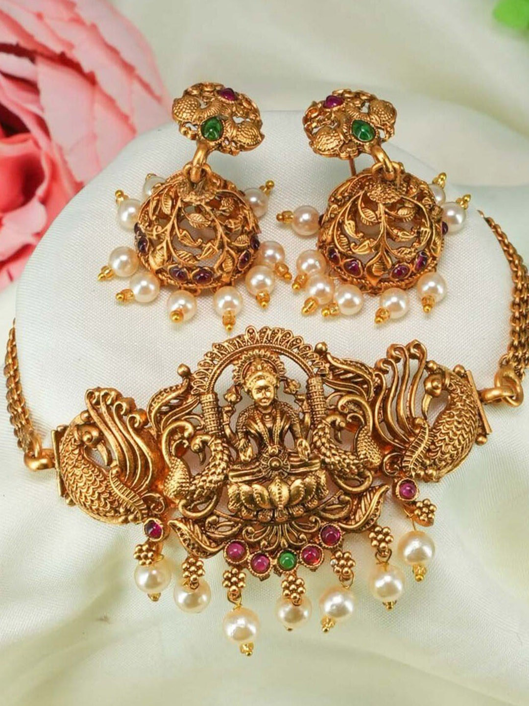 

GRIIHAM Red & Green Gold-Plated AD-Studded Jewellery Set, Pink