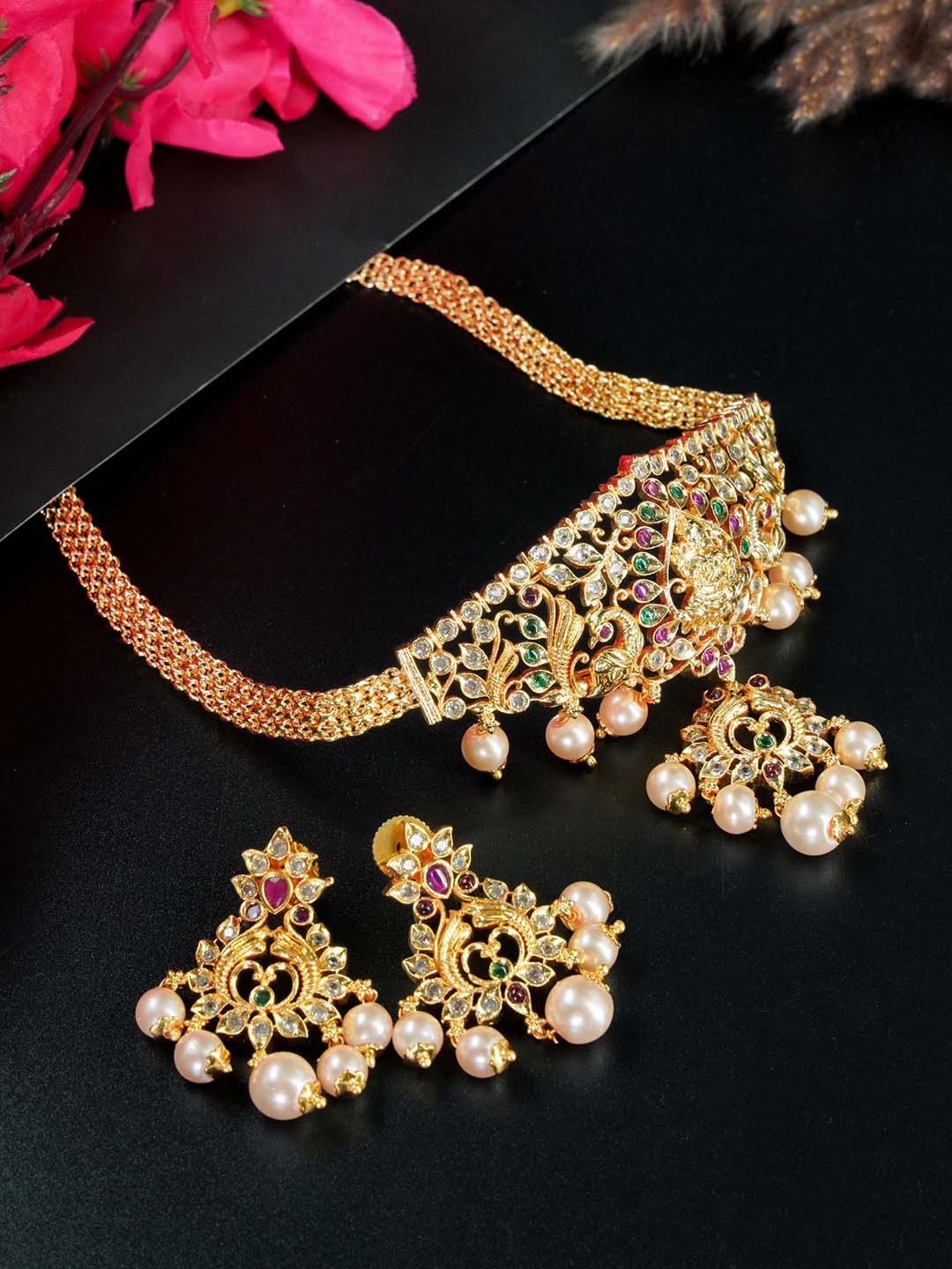 

GRIIHAM Sayara Collection White & Green Gold Plated CZ-Studded Jewellery Set