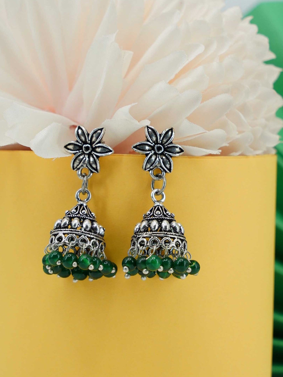 

GRIIHAM Green Silver-Plated Contemporary Jhumkas Earrings