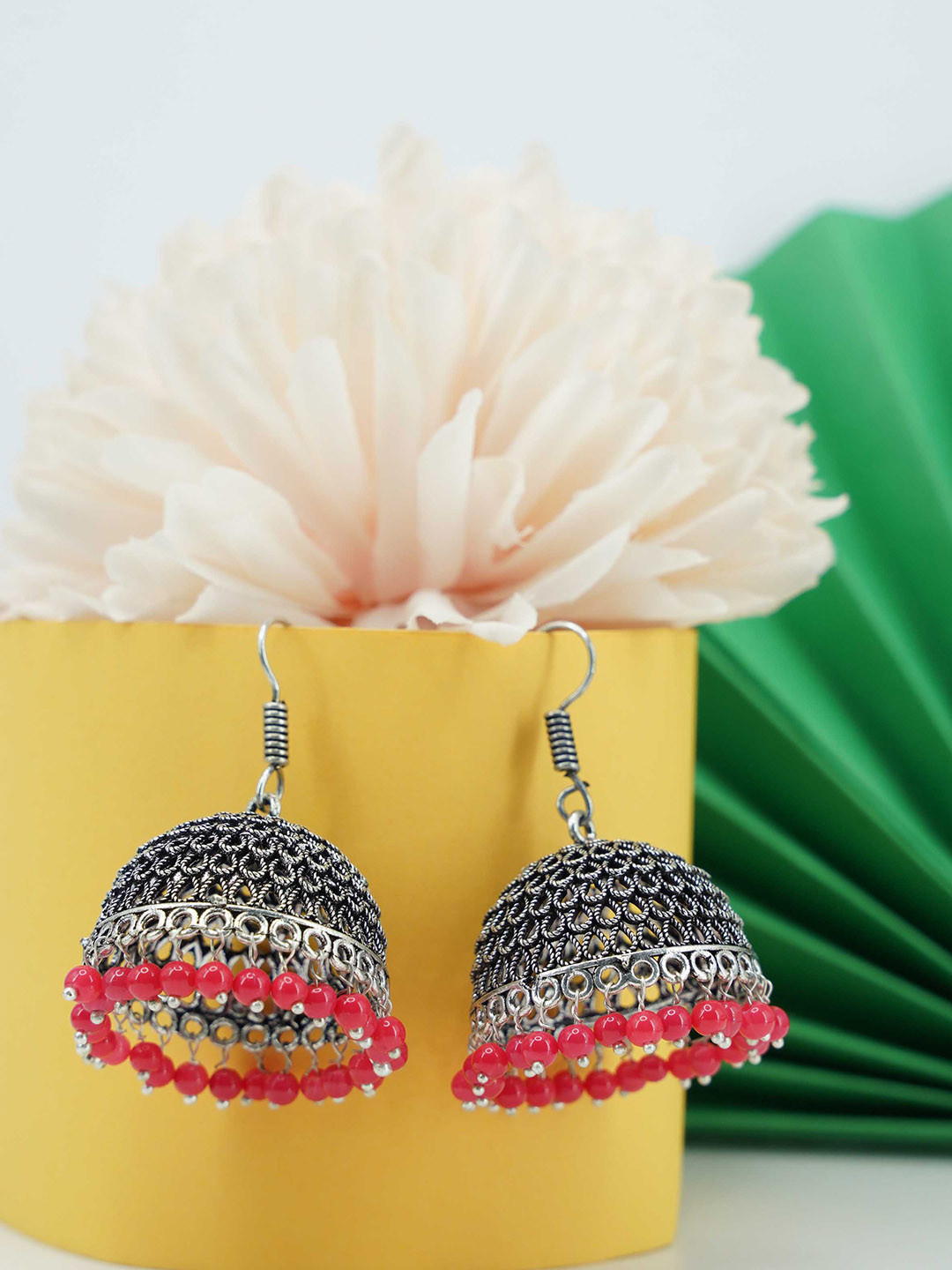 

GRIIHAM Red Silver-Plated Contemporary Jhumkas Earrings