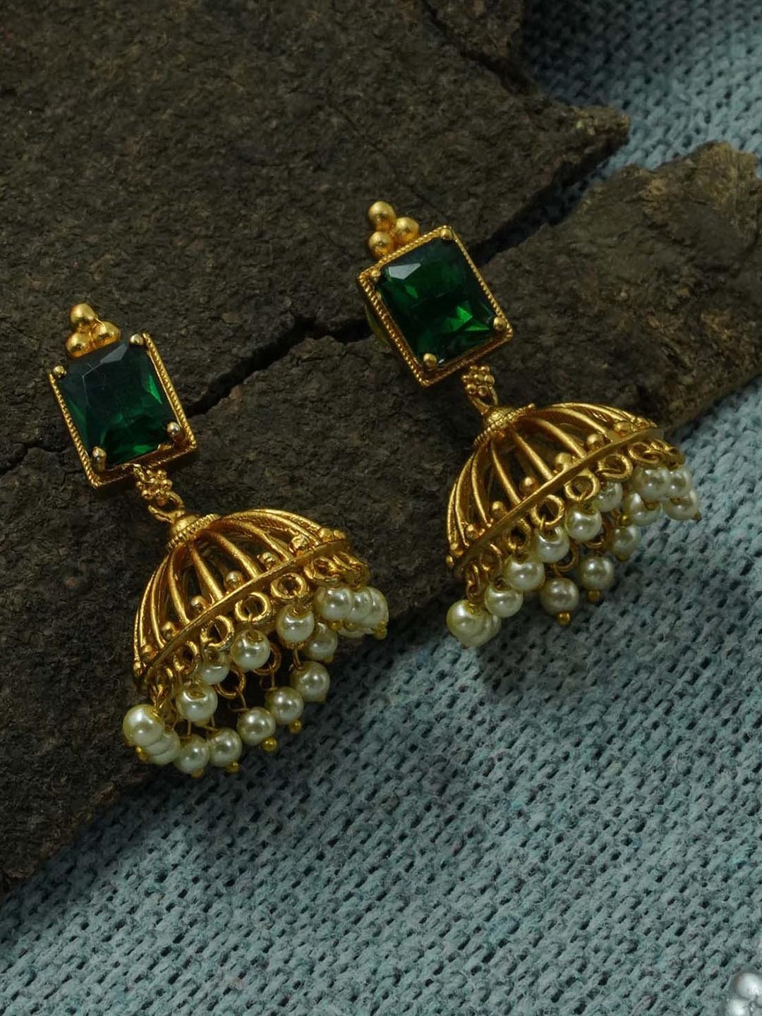 

GRIIHAM Silver-Plated Contemporary Jhumkas Earrings, Green