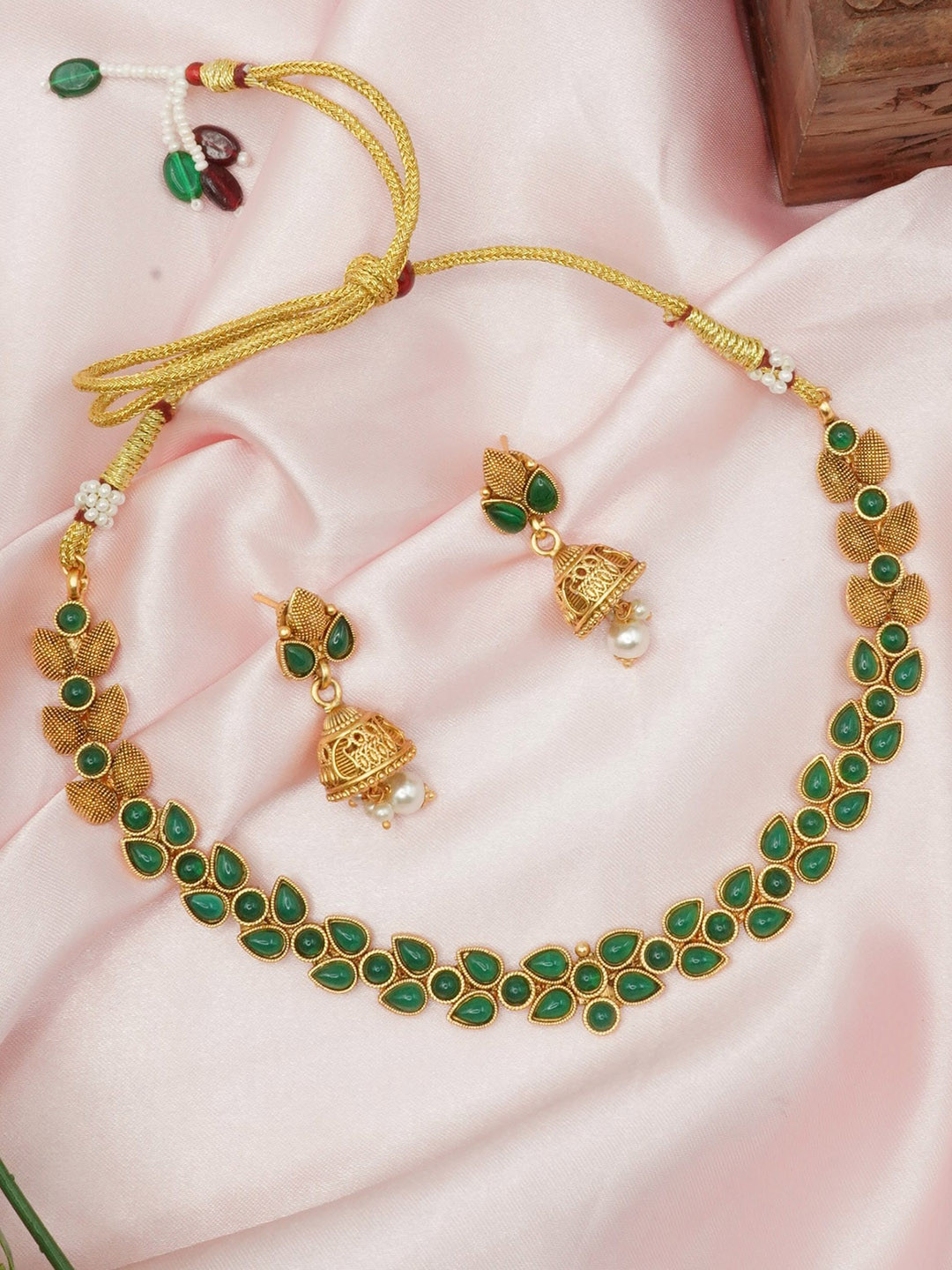 

GRIIHAM Green & Gold-Plated CZ Stone-Studded Jewellery Set