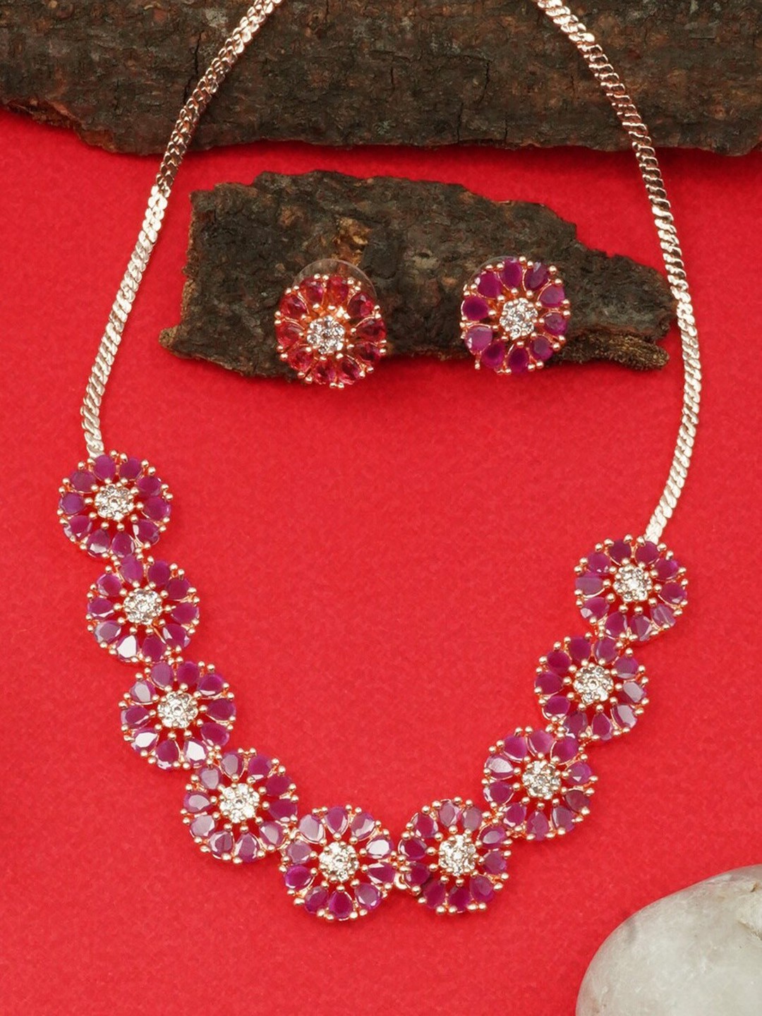 

GRIIHAM Sayara Collection Red & Gold-Plated CZ Stone-Studded Jewellery Set