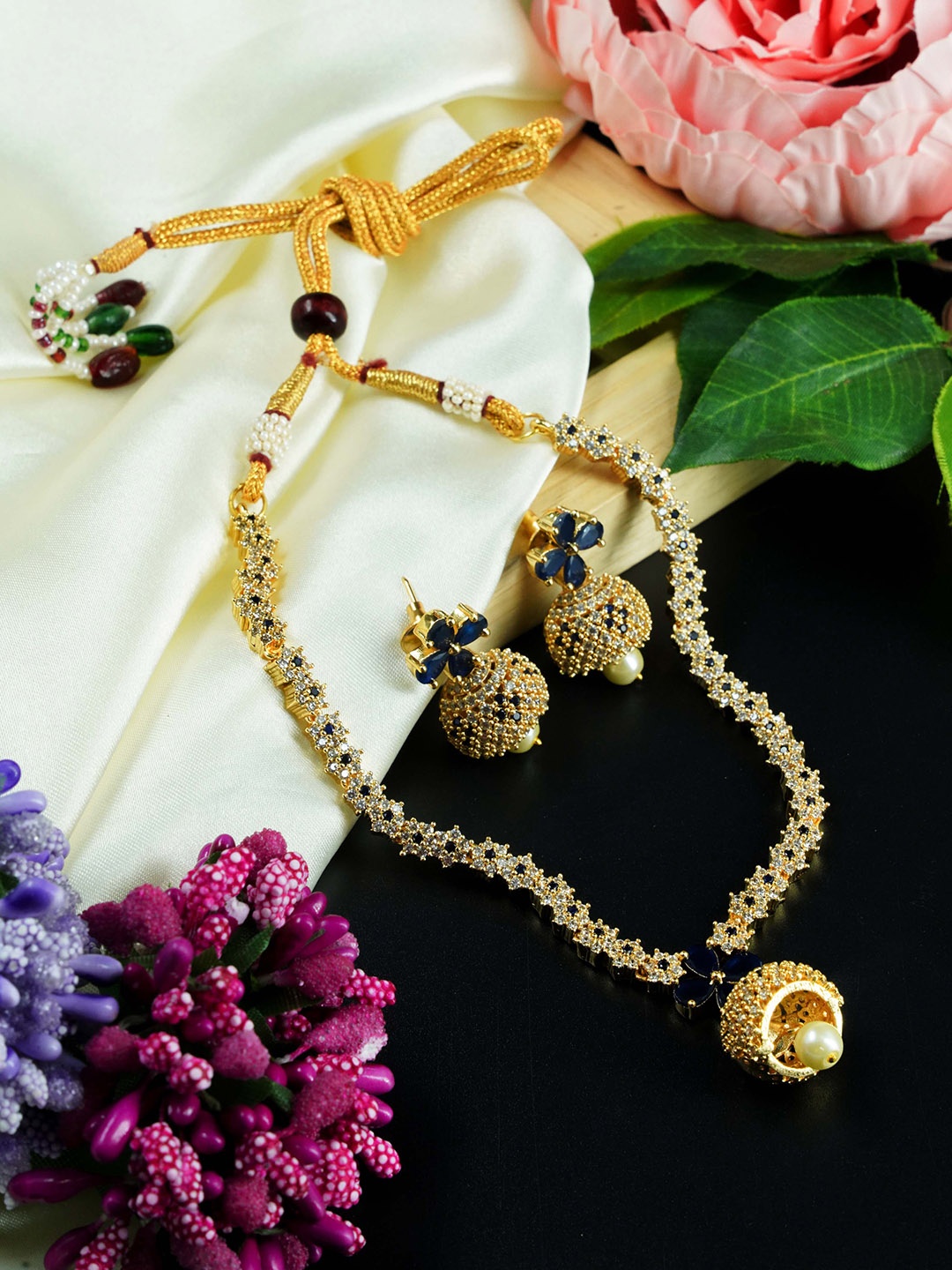 

GRIIHAM Sayara Collection Gold-Plated & Blue CZ Stone-Studded Jewellery Set