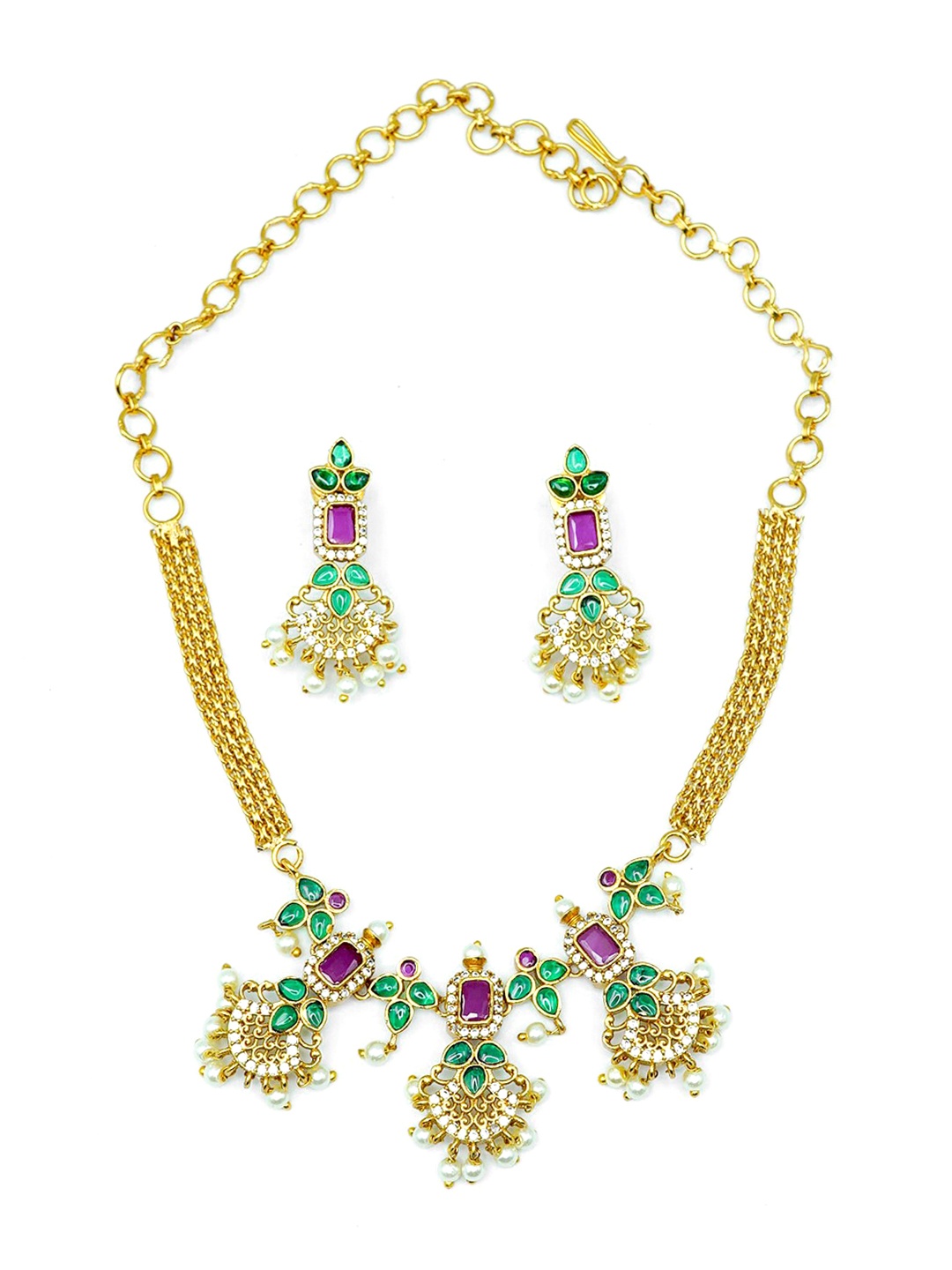 

GRIIHAM Gold-Plated Ruby & Emerald Studded & White Pearl Beaded Jewellery Set, Pink