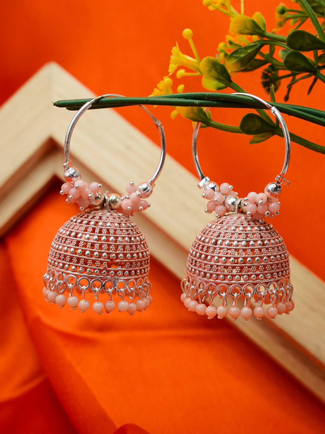 

GRIIHAM Silver-Plated Pink Oxidised Contemporary Jhumkas Earrings