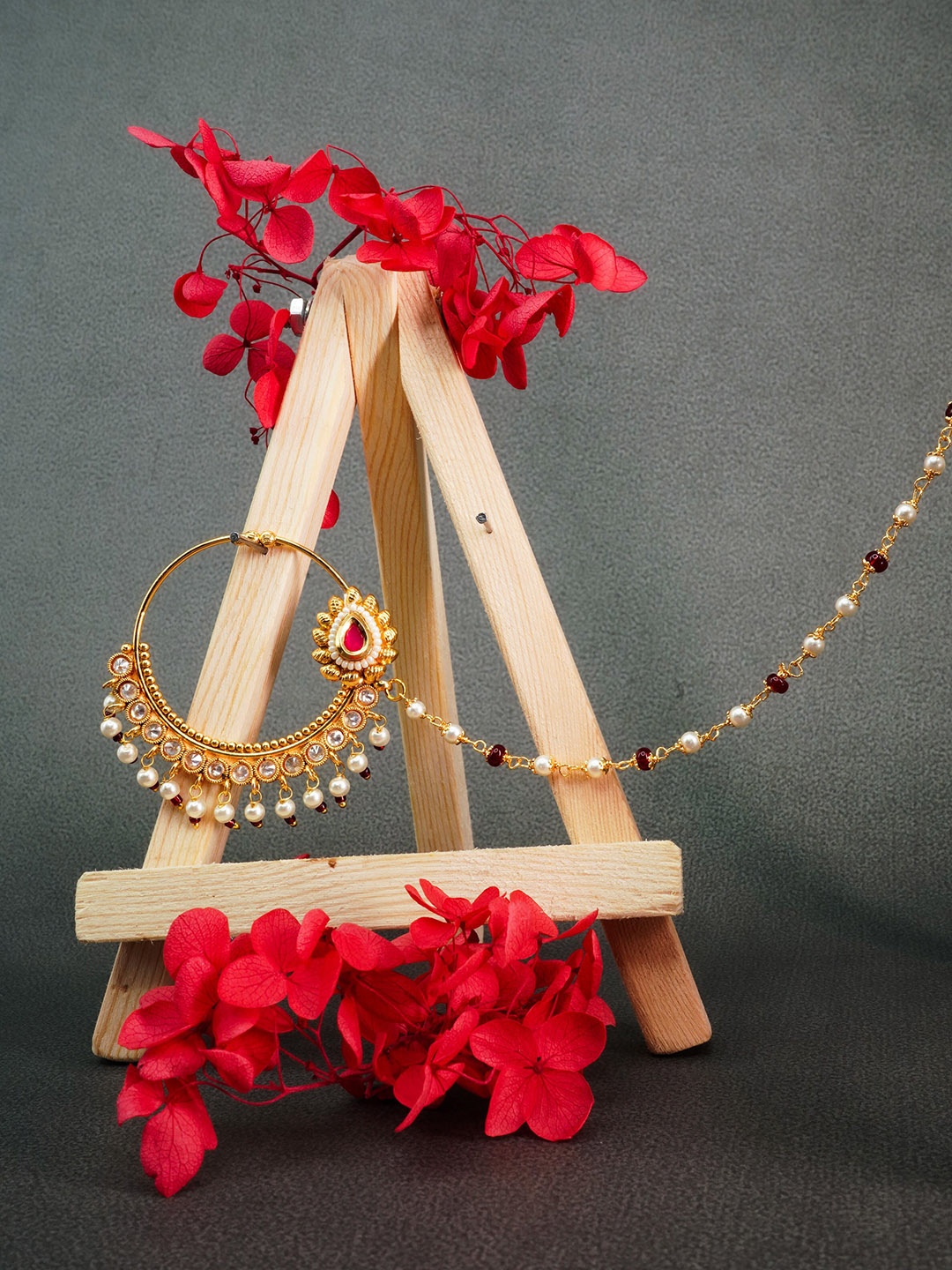 

GRIIHAM Gold & Red Gold Plated Crystals Studded Clip On Nosepin With Beaded Extension