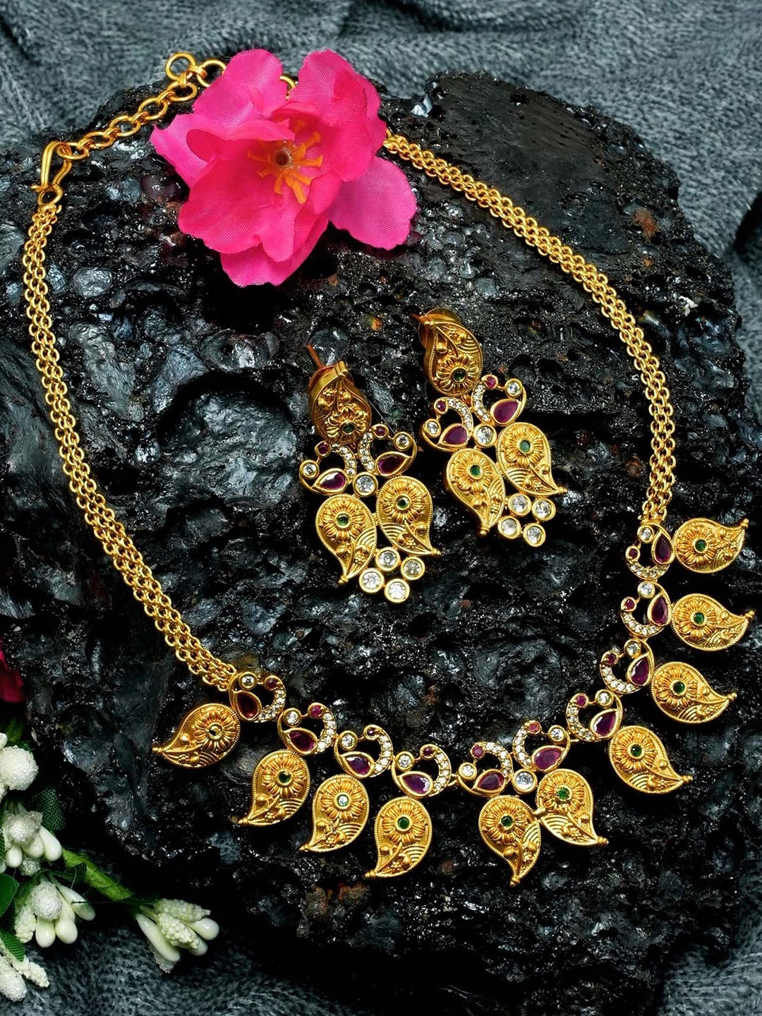 

GRIIHAM Sayara Collection Gold-Plated White & Green CZ-Studded Jewellery Set