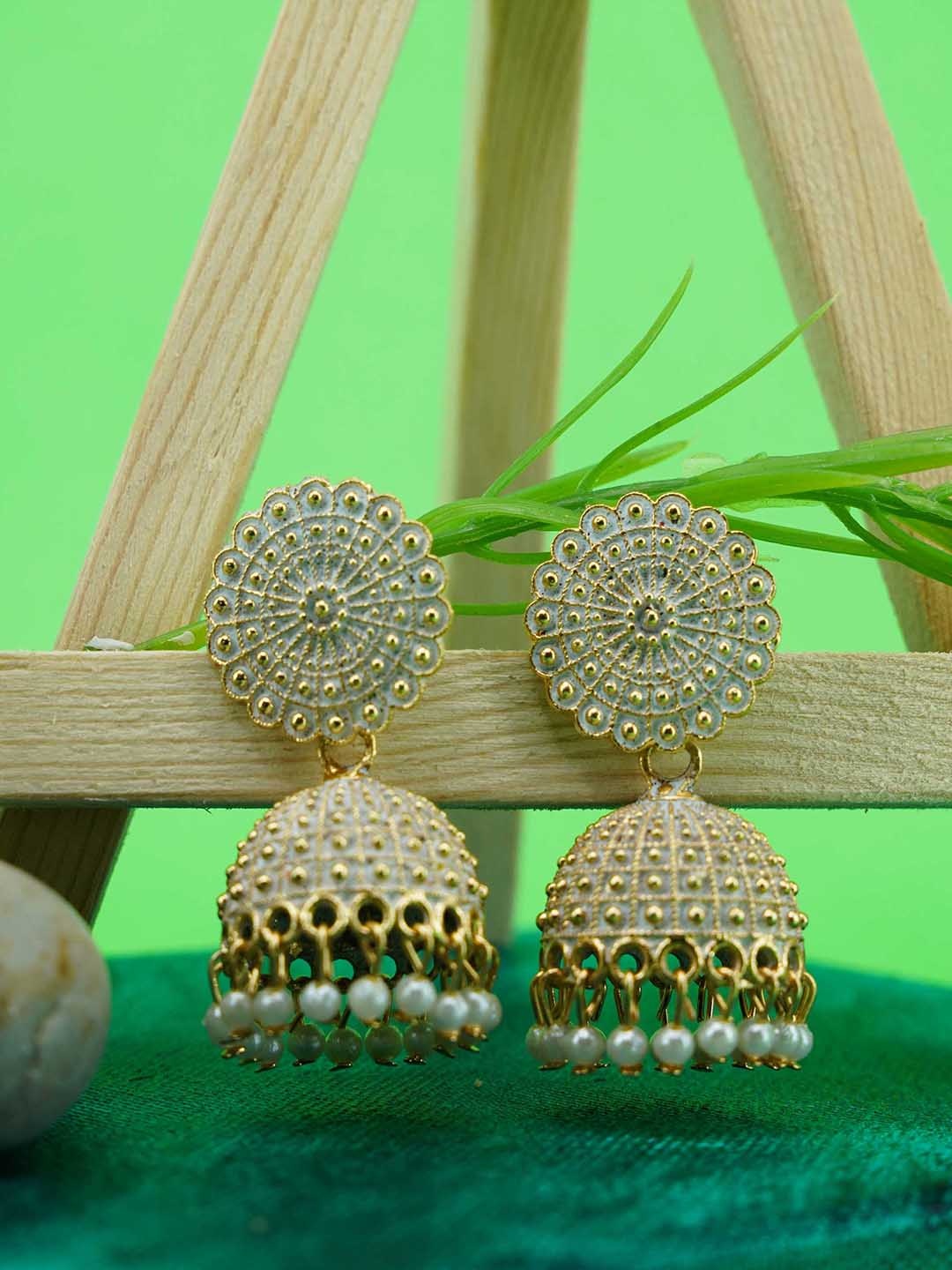 

GRIIHAM White & Gold-Toned Contemporary Jhumkas Earrings
