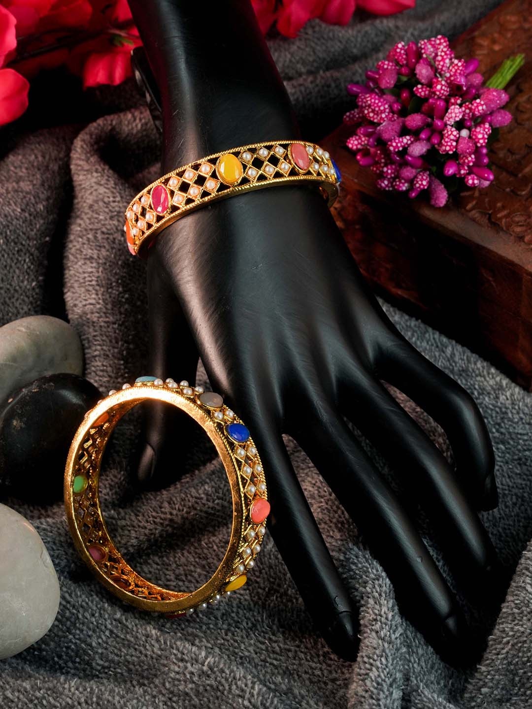 

GRIIHAM Set Of 4 Gold & Red Gold Plated AD-Studded Bangles