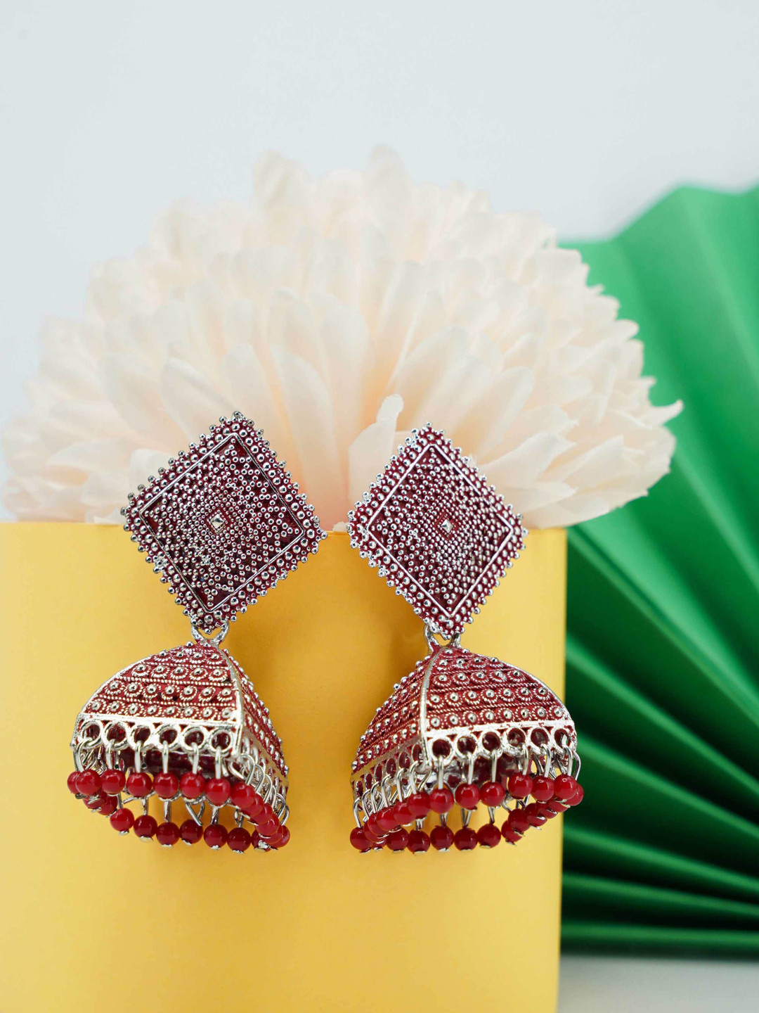 

GRIIHAM Women Red Silver Plated Jhumkas Earrings