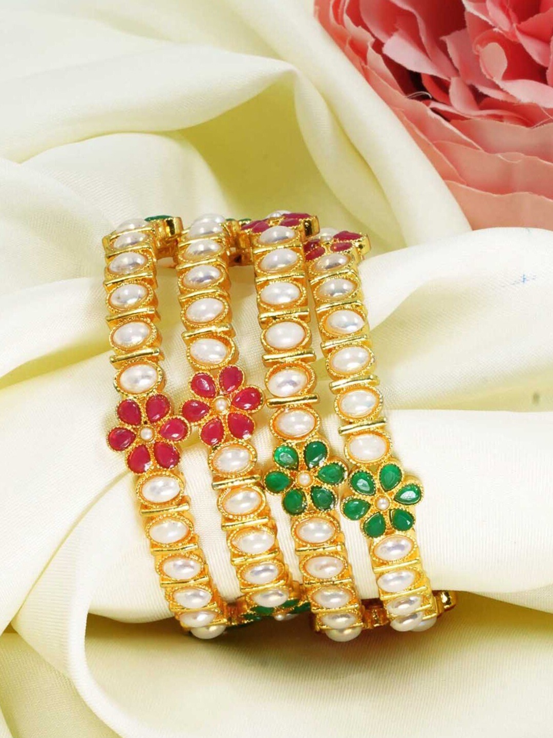 

GRIIHAM Set Of 4 Gold & Red Gold Plated AD Studded Bangles