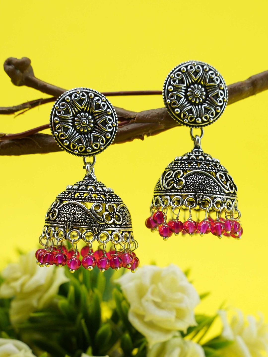 

GRIIHAM Women Red Silver Plated Jhumkas Earrings