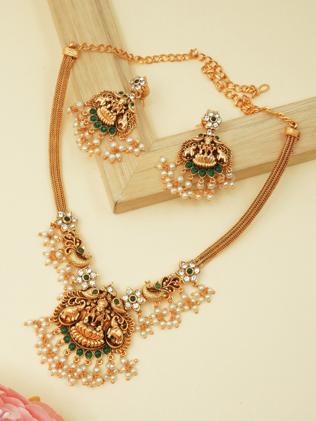 

GRIIHAM Gold-Plated & Green CZ-Studded & Beaded Jewellery Set
