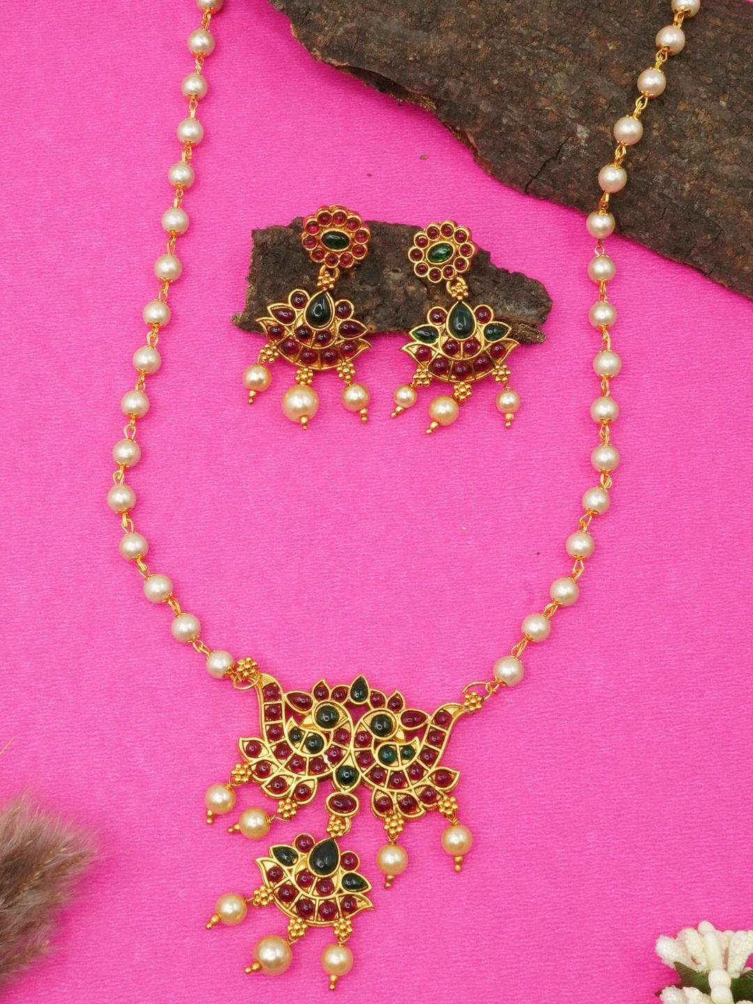 

GRIIHAM Gold-Plated Red & Green CZ Studded & White Pearl Beaded Jewellery Set