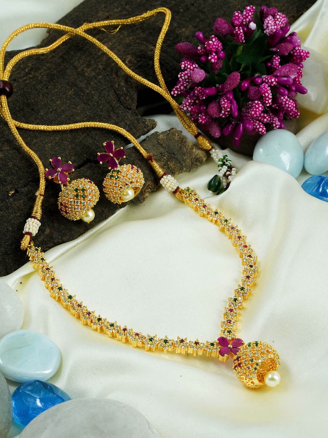 

GRIIHAM Gold-Plated Red & Green CZ-Studded Jewellery Set