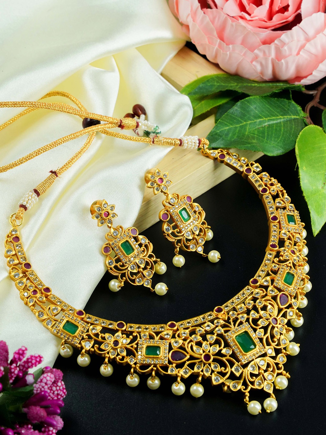 

GRIIHAM Gold-Plated Green CZ-Studded Jewellery Set