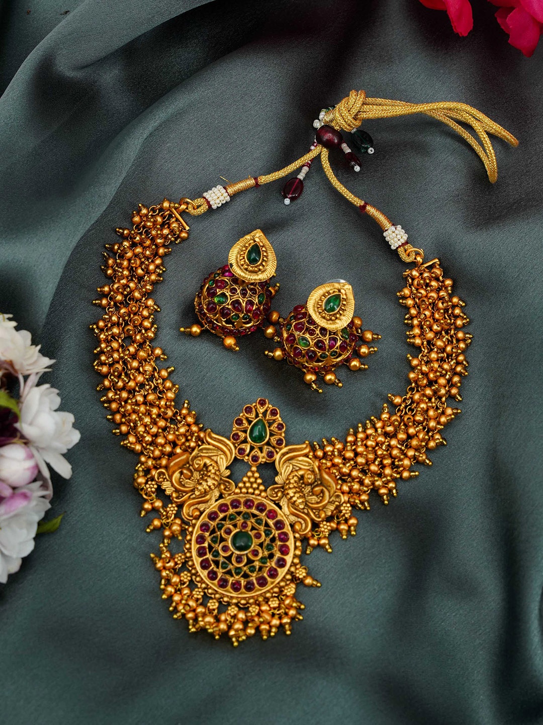 

GRIIHAM Gold-Plated Green CZ-Studded Jewellery Set