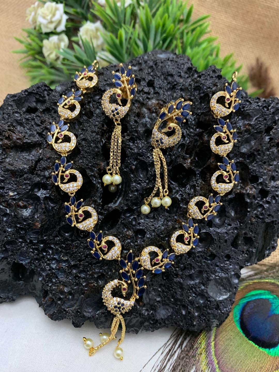 

GRIIHAM Gold-Plated White & Grey CZ-Studded & Beaded Jewellery Set
