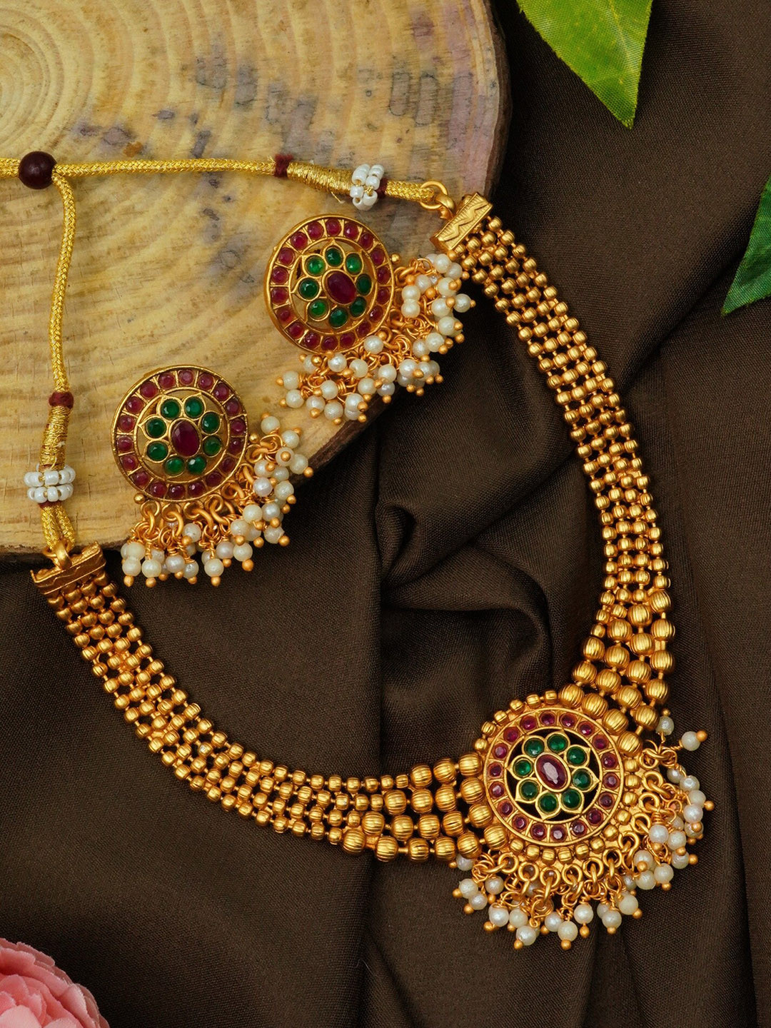 

GRIIHAM Gold-Plated Red & Green CZ-Studded & Beaded Jewellery Set