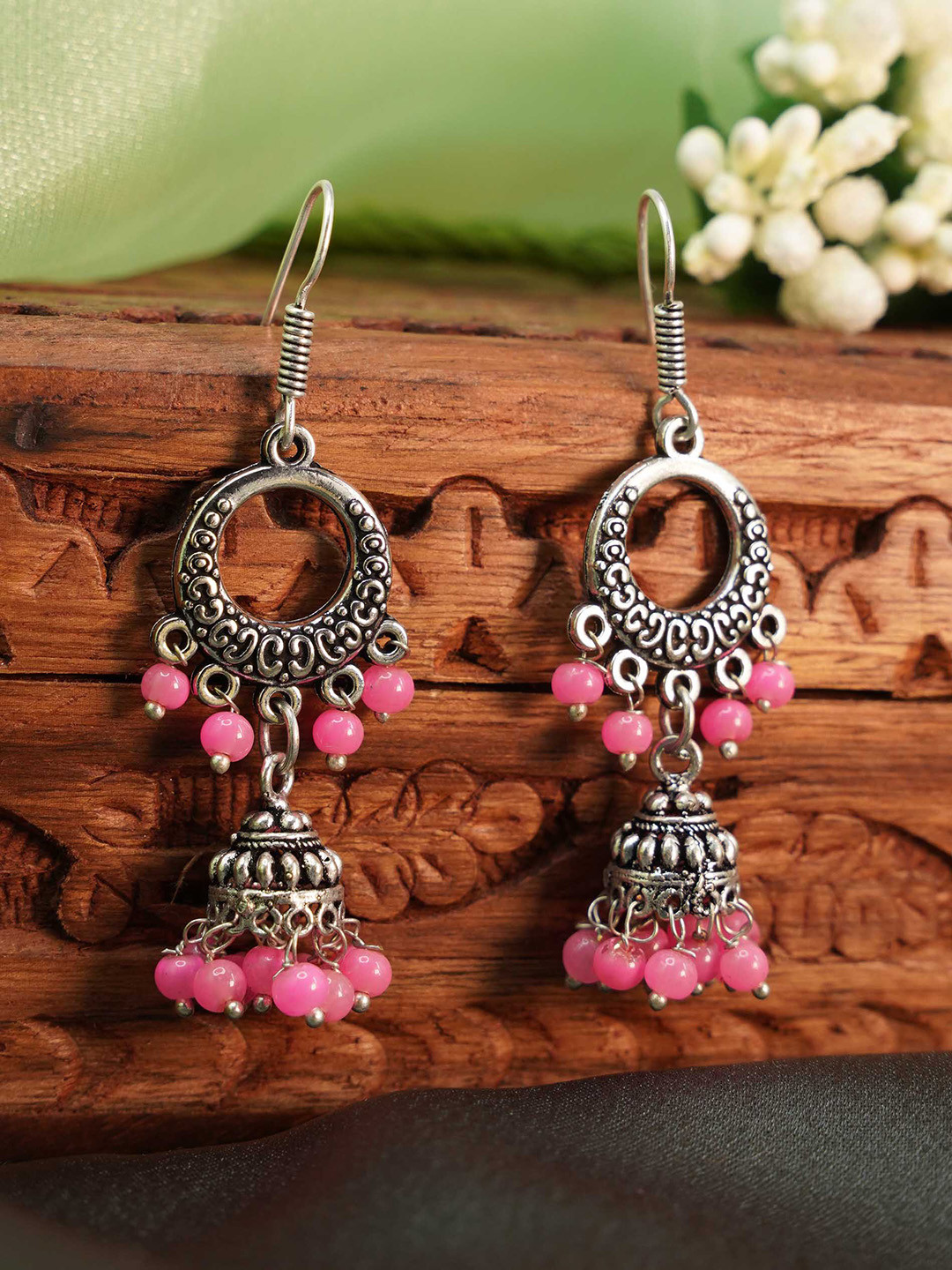 

GRIIHAM Women Pink Silver Oxidised Drop Earrings