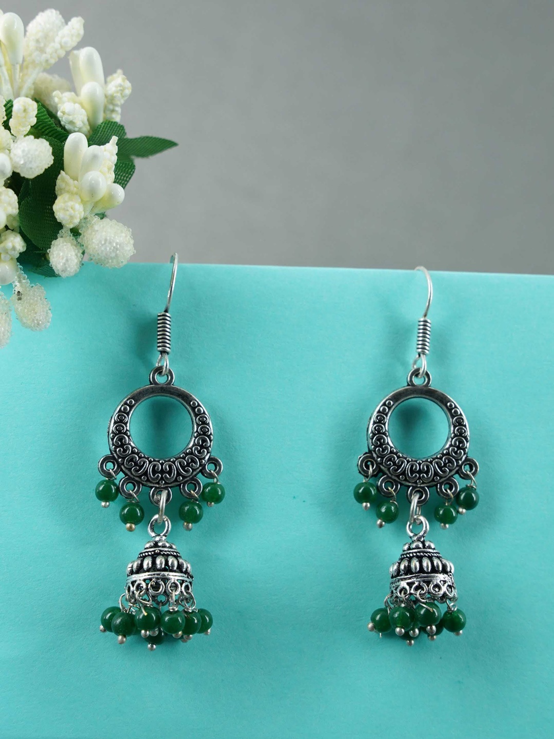 

GRIIHAM Women Green Silver Plated Jhumkas Earrings