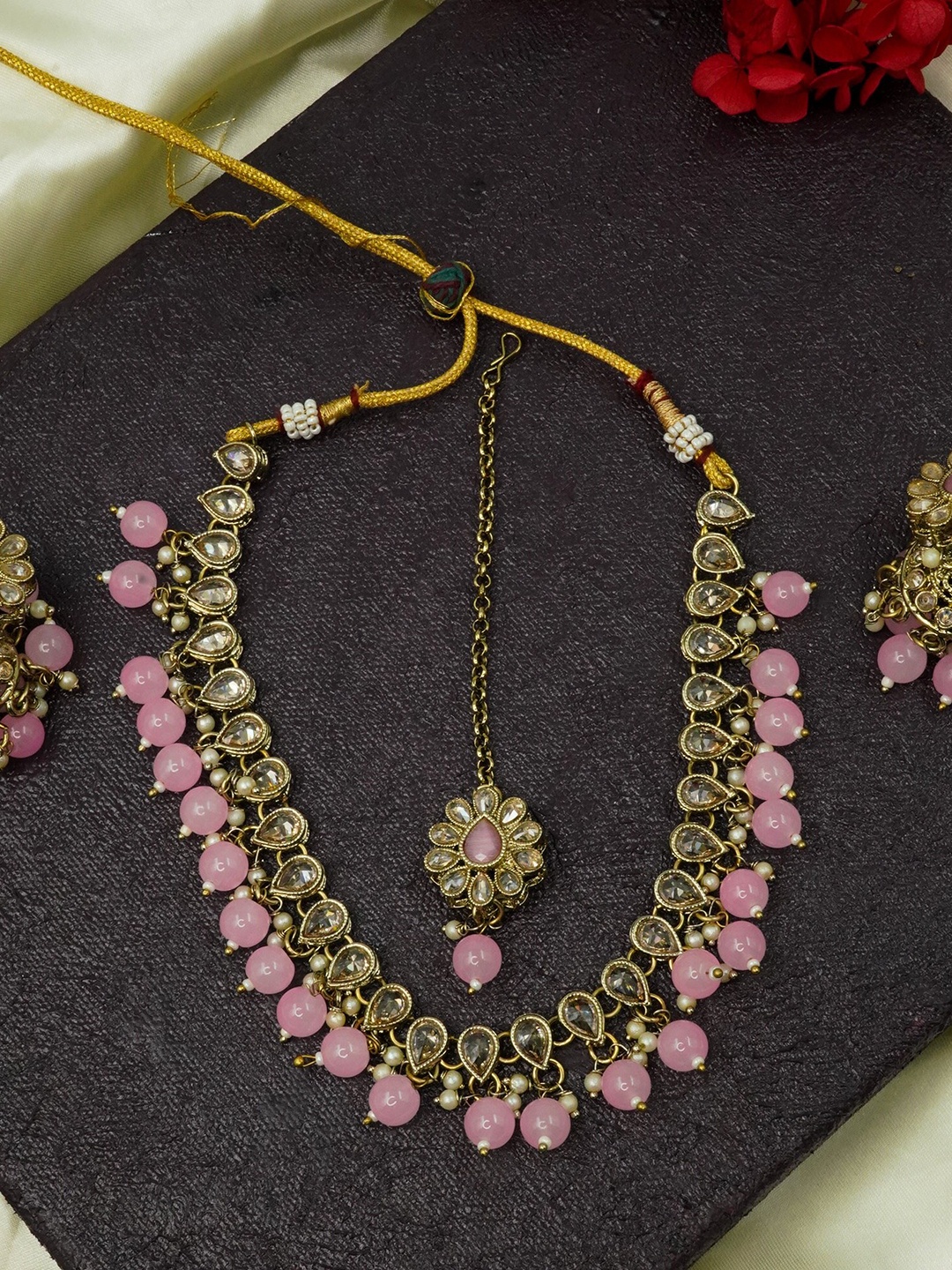 

GRIIHAM Gold-Plated Pink Kundan-Studded Jewellery Set