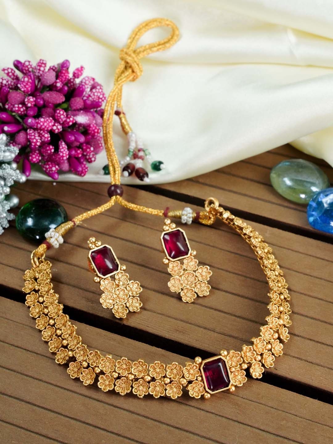 

GRIIHAM Gold-Plated Red CZ Studded Jewellery Set