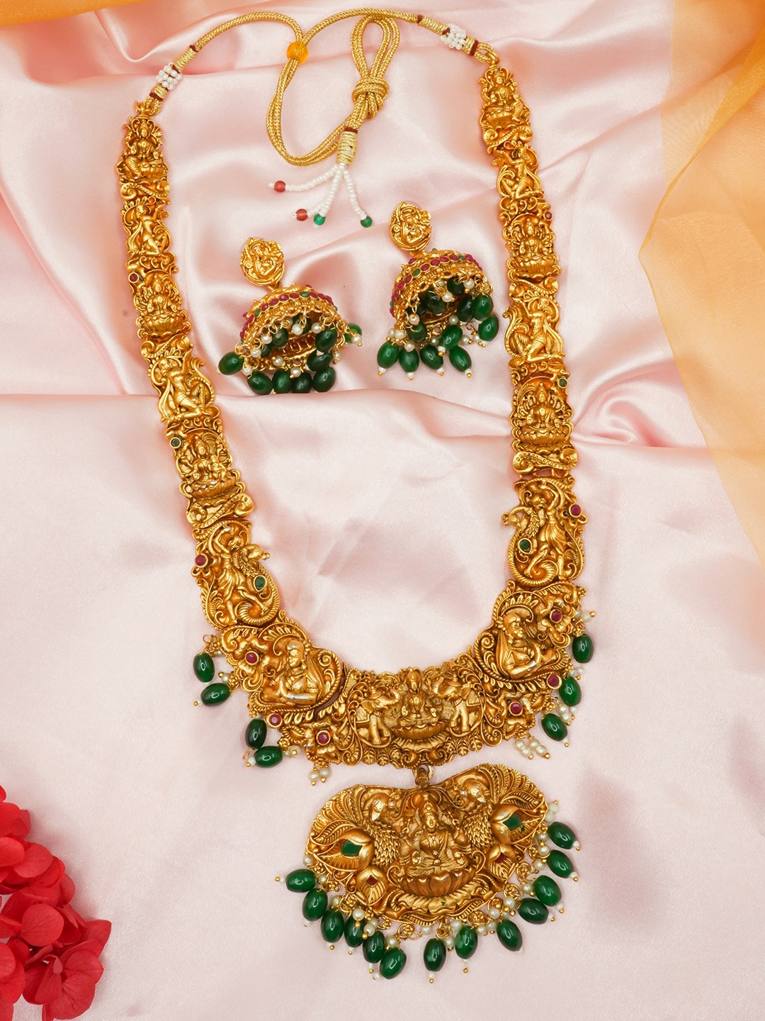 

GRIIHAM Gold-Plated Red & Green CZ-Studded & Beaded Jewellery Set