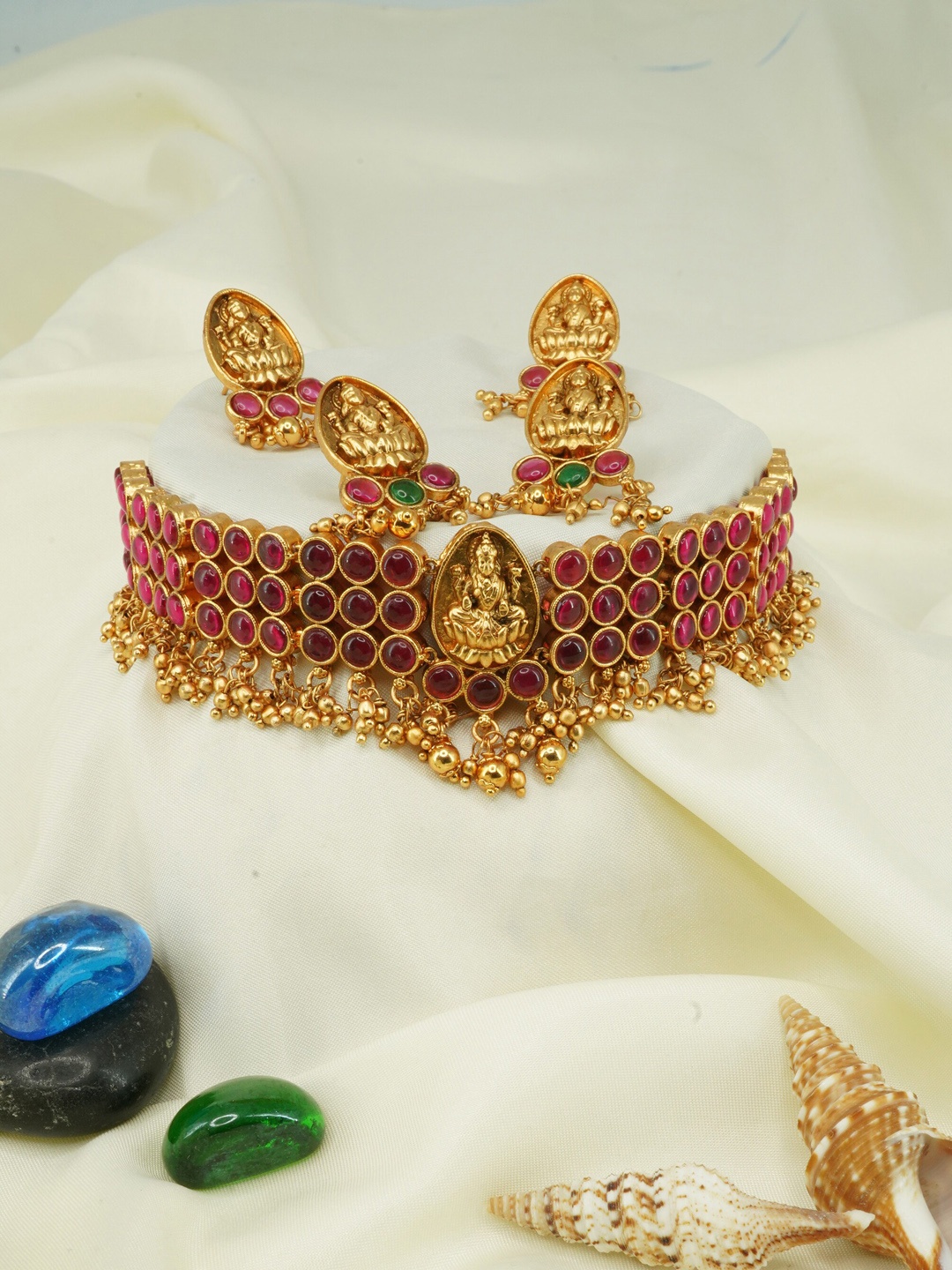 

GRIIHAM Gold-Plated & Red CZ Stones-Studded Jewellery Set