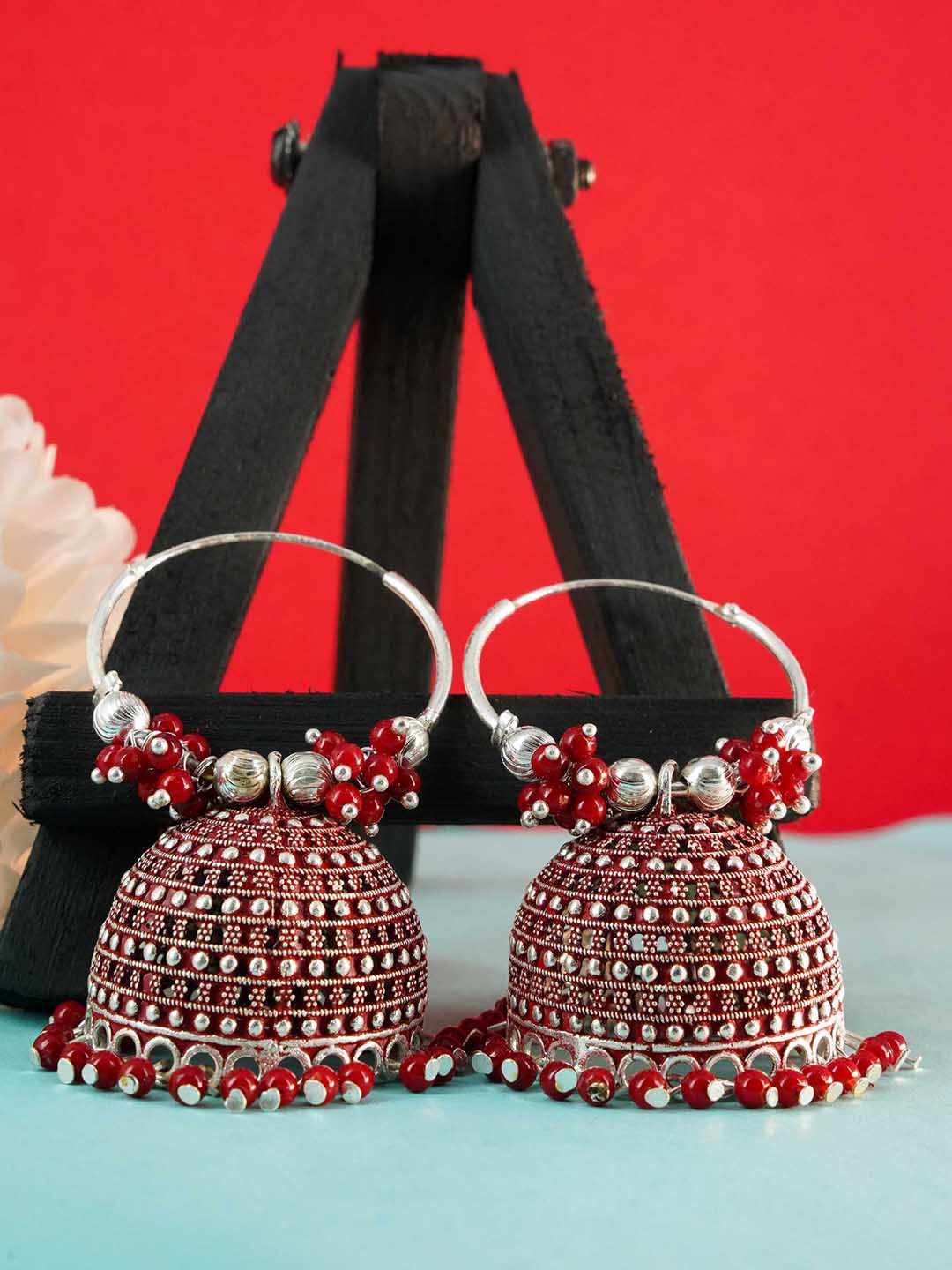

GRIIHAM Women Red Silver Plated Jhumka Earrings