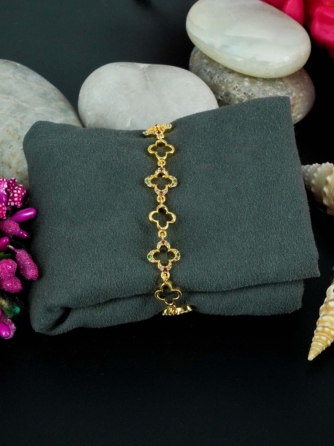 

GRIIHAM Women Gold & Red American Diamond Gold Plated Link Bracelet