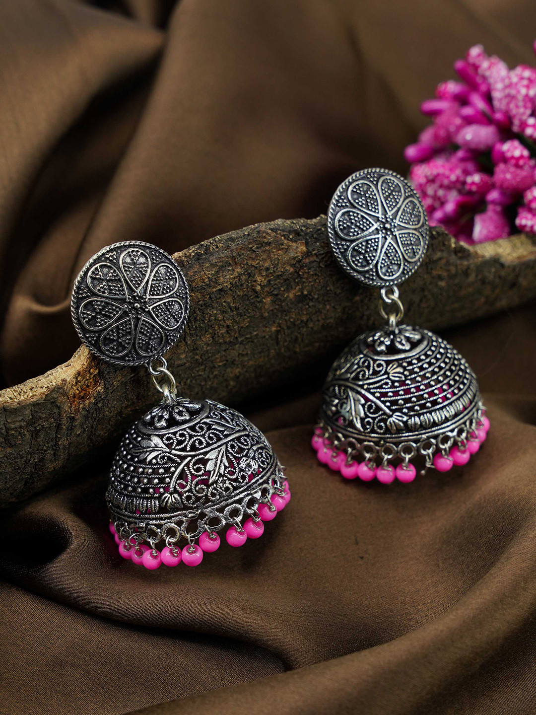 

GRIIHAM Pink & Silver-Toned Oxidised Dome Shaped Jhumkas Earrings