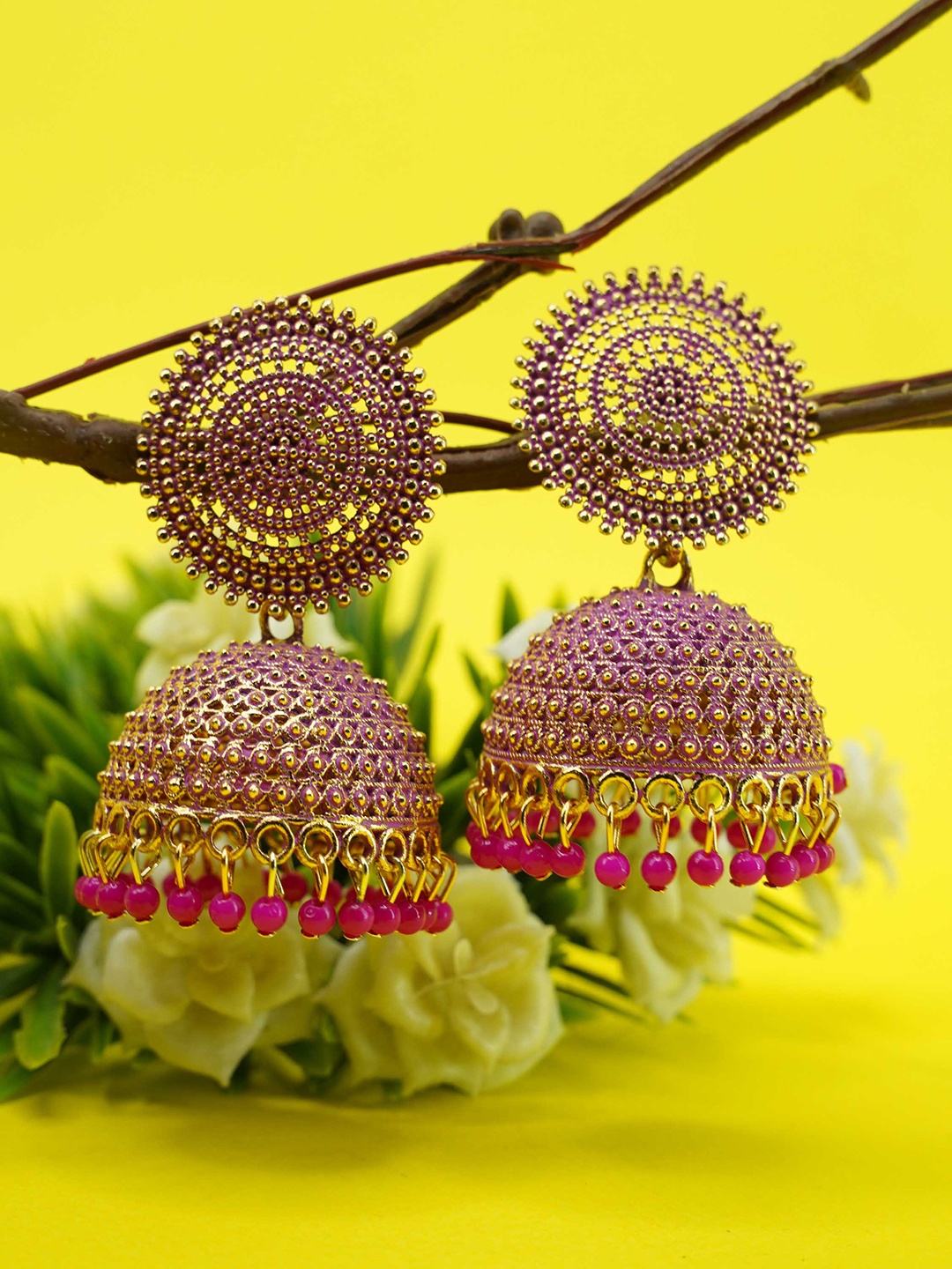 

GRIIHAM Pink & Silver-Toned Oxidised Dome Shaped Jhumkas Earrings