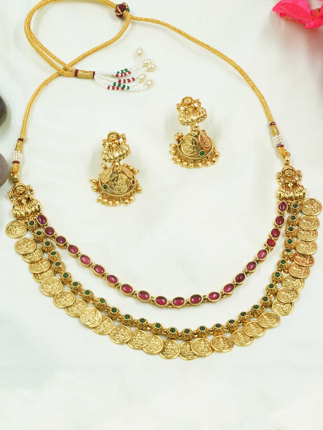 

GRIIHAM Pink & Green Gold-Plated Stone-Studded & Coin Laxmi-Motif Jewellery Set