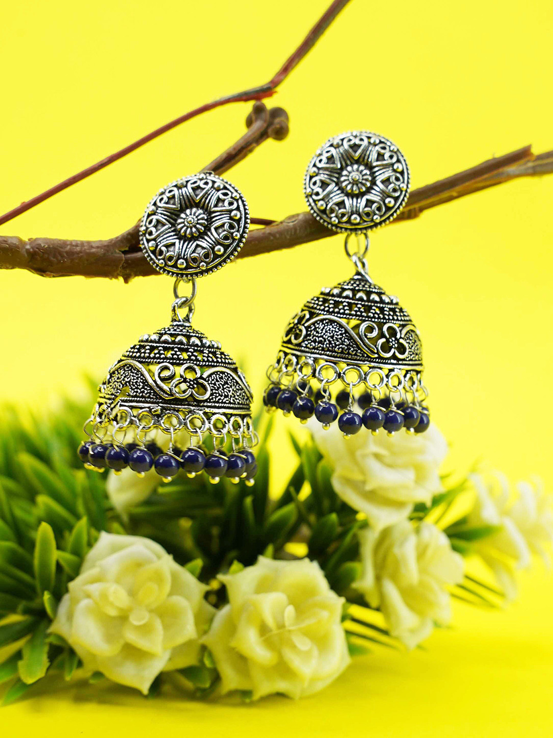 

GRIIHAM Blue & Silver-Toned Silver Plated Oxidised Dome Shaped Jhumkas Earrings
