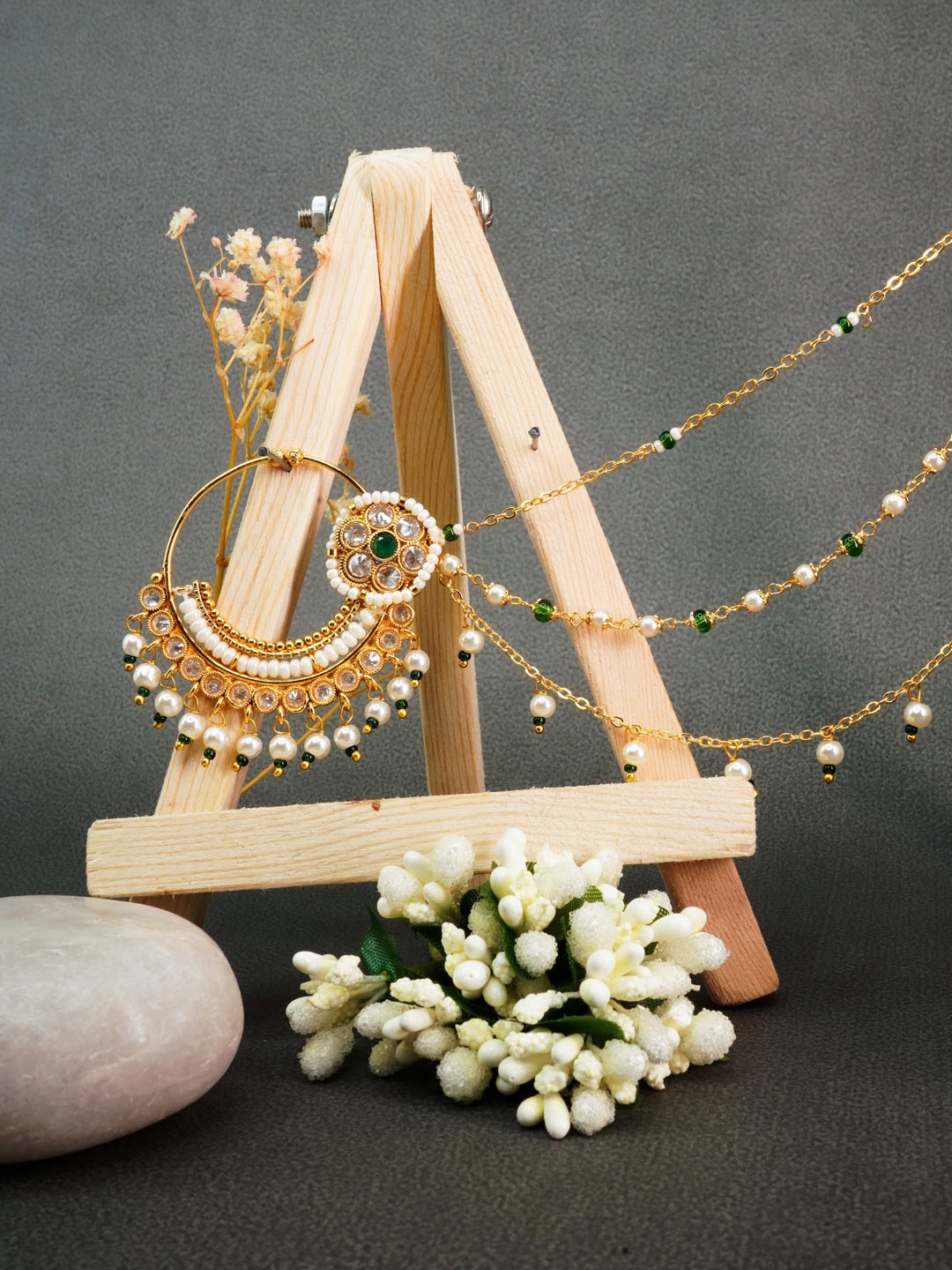 

GRIIHAM Gold & Red Gold Plated Stones Studded Clip On Nosepin With Beaded Extension