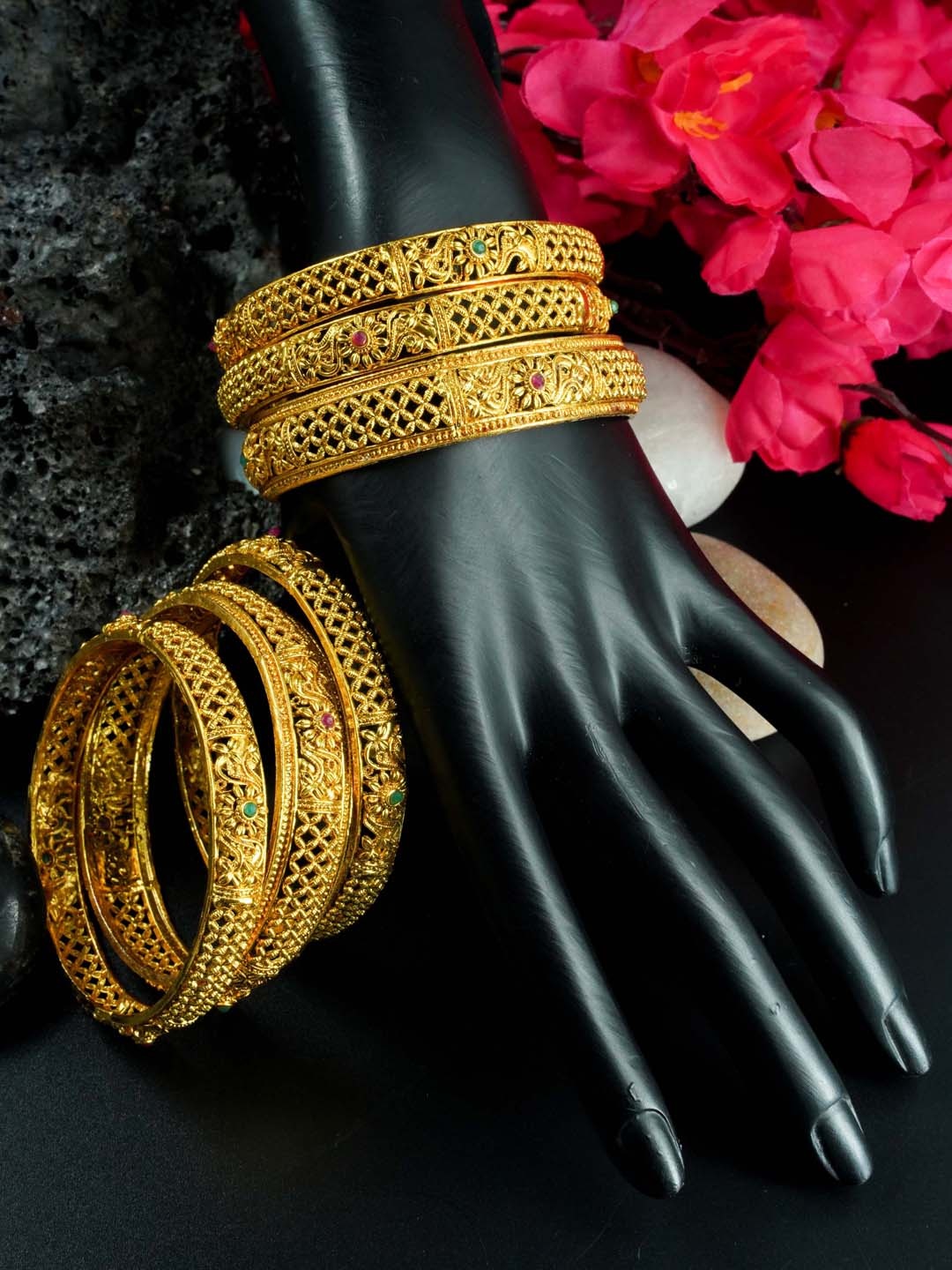 GRIIHAM Set Of 6 Gold & Pink Gold Plated AD-Studded Bangles