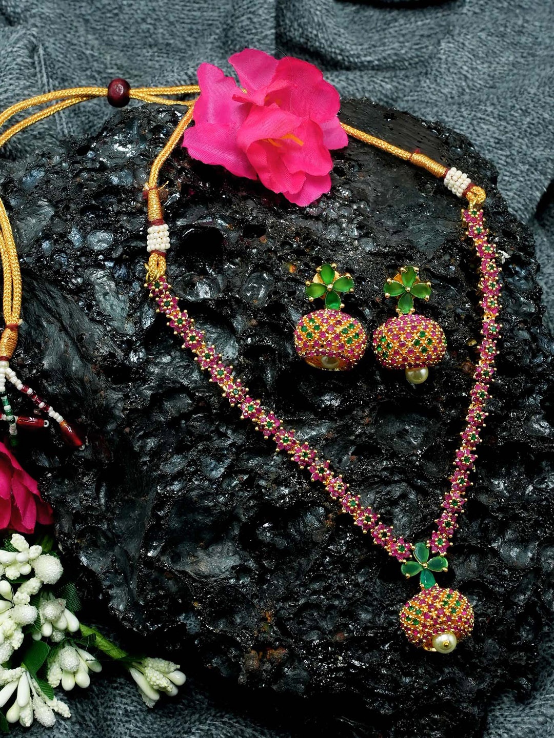 

GRIIHAM Green & Red Gold-Plated Cubic Zirconia-Studded Jewellery Set