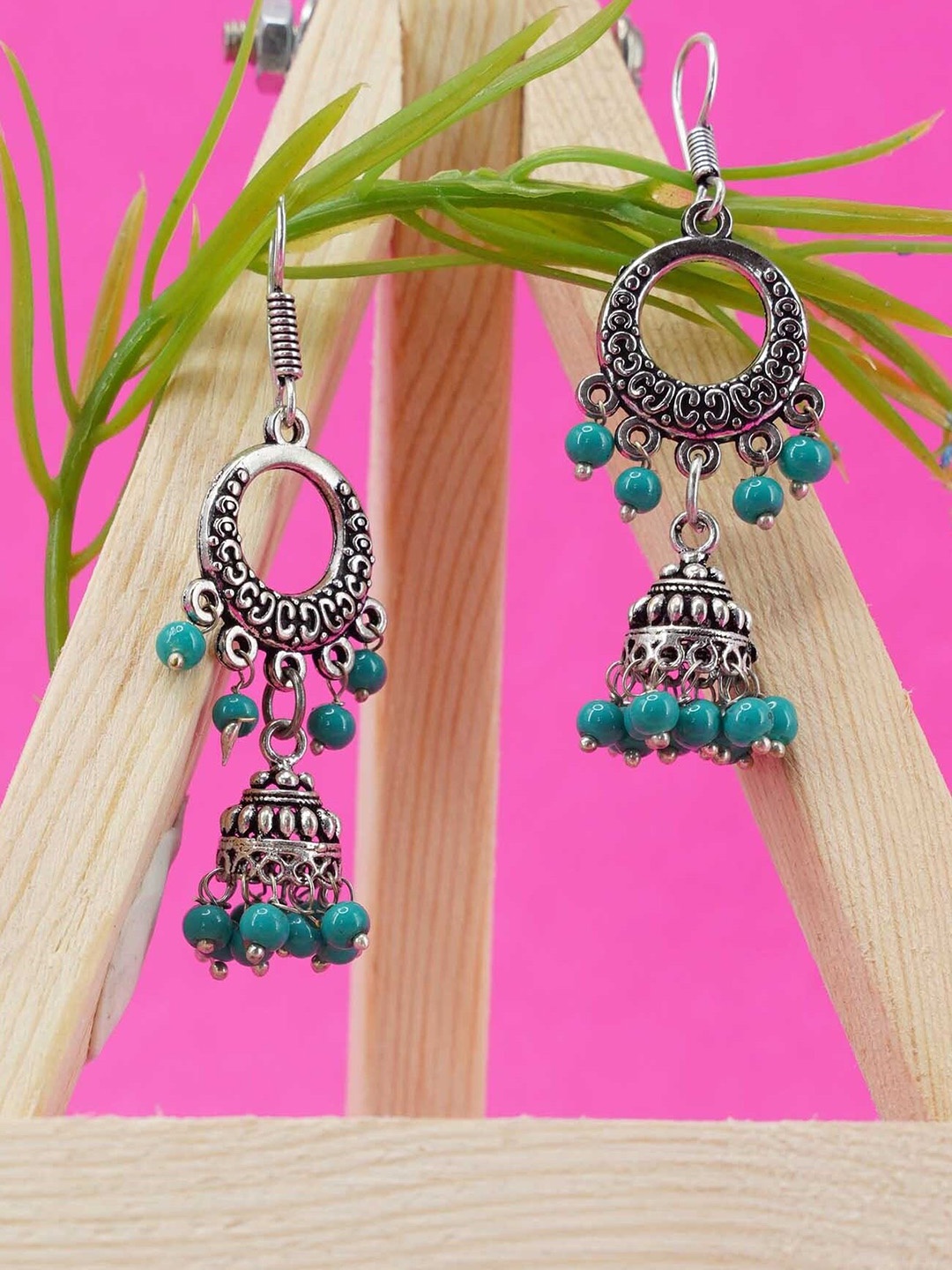 

GRIIHAM Blue & Silver-Toned Silver Plated Oxidised Dome Shaped Jhumkas Earrings