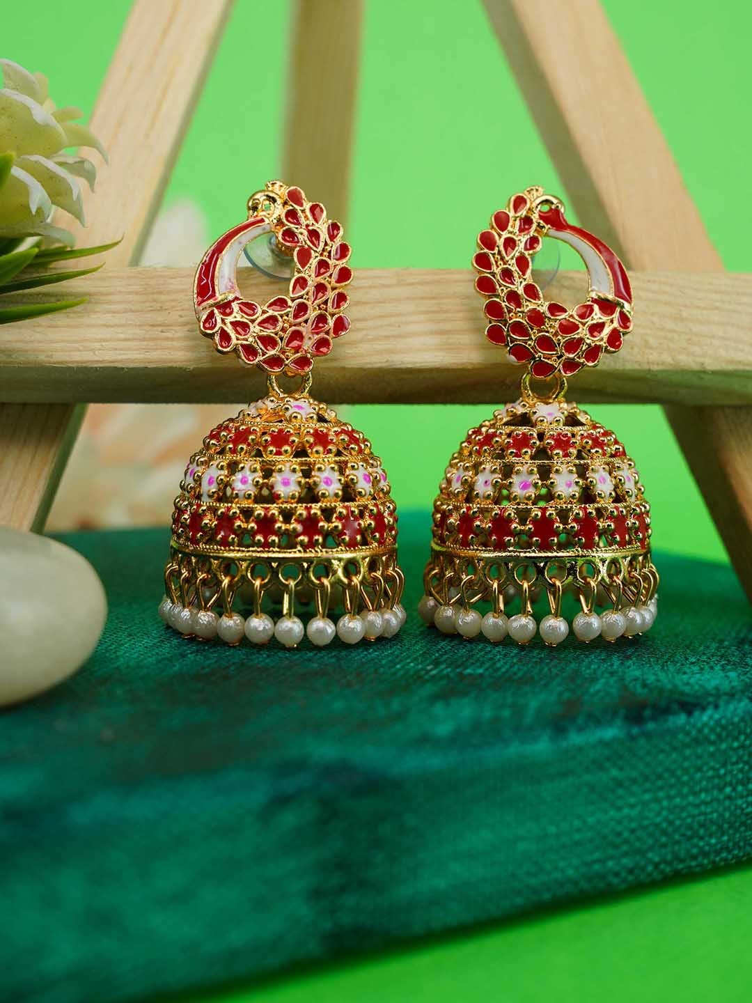 

GRIIHAM Red & Gold-Toned Oxidised Dome Shaped Jhumkas Earrings