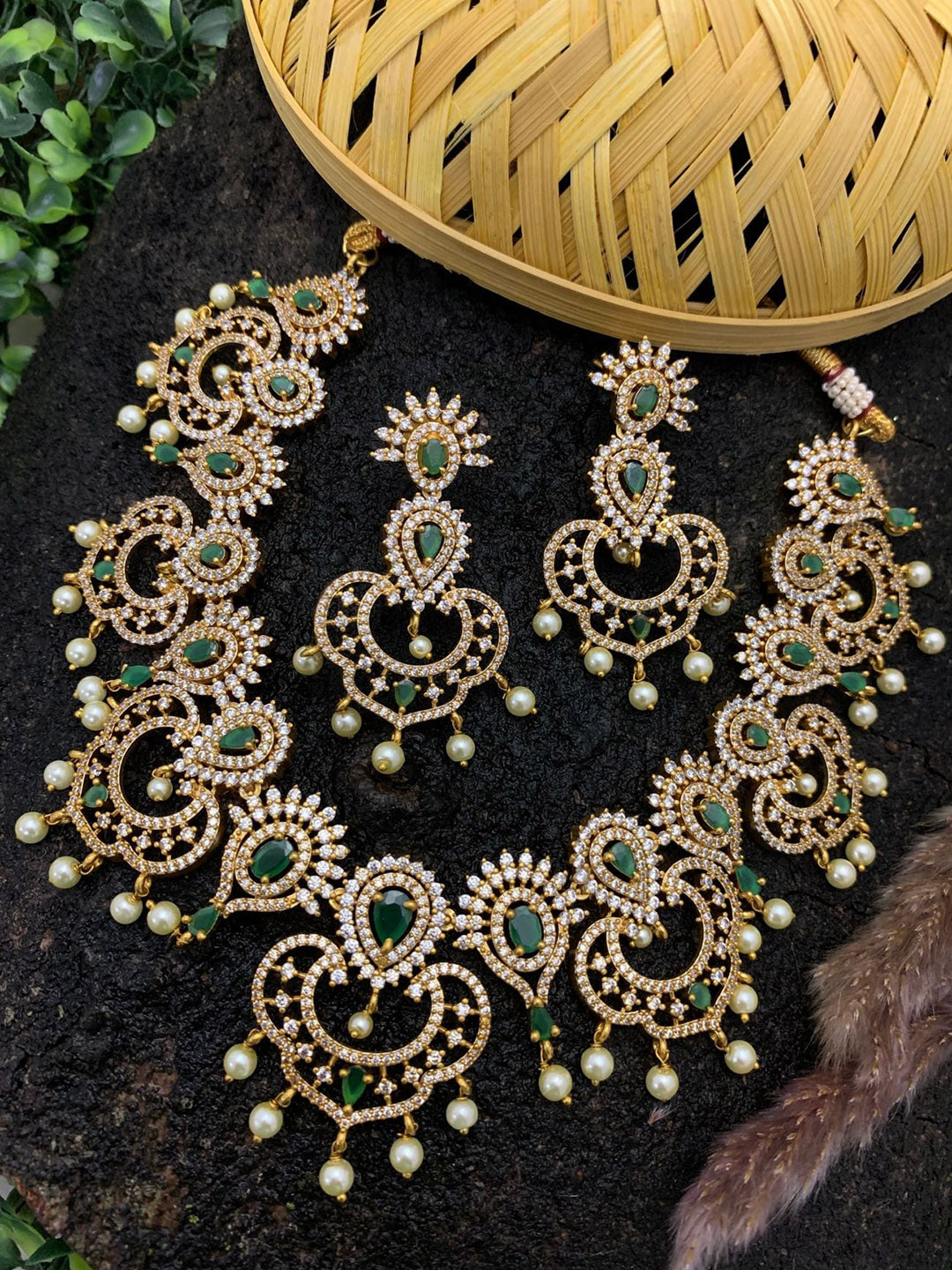 

GRIIHAM Green Gold-Plated CZ-Studded Jewellery Set