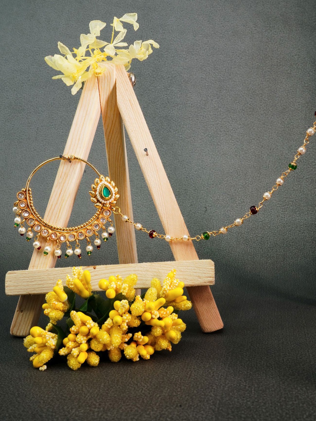 

GRIIHAM Gold & Green Gold Plated Artificial Stone Studded & White Pearl Beaded Nosepin